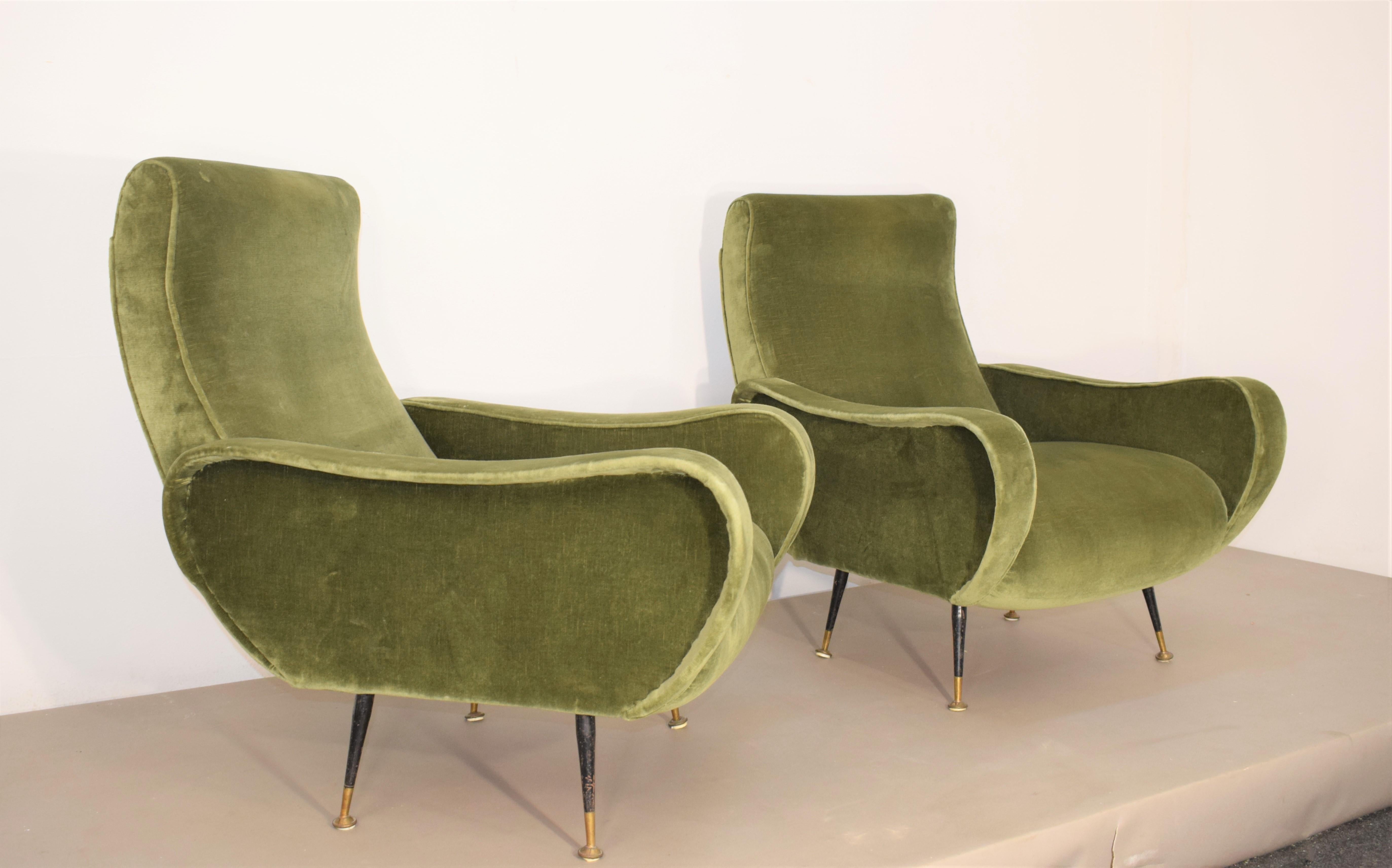 Mid-20th Century Pair of Italian armchairs, velvet, brass and iron, 1950s