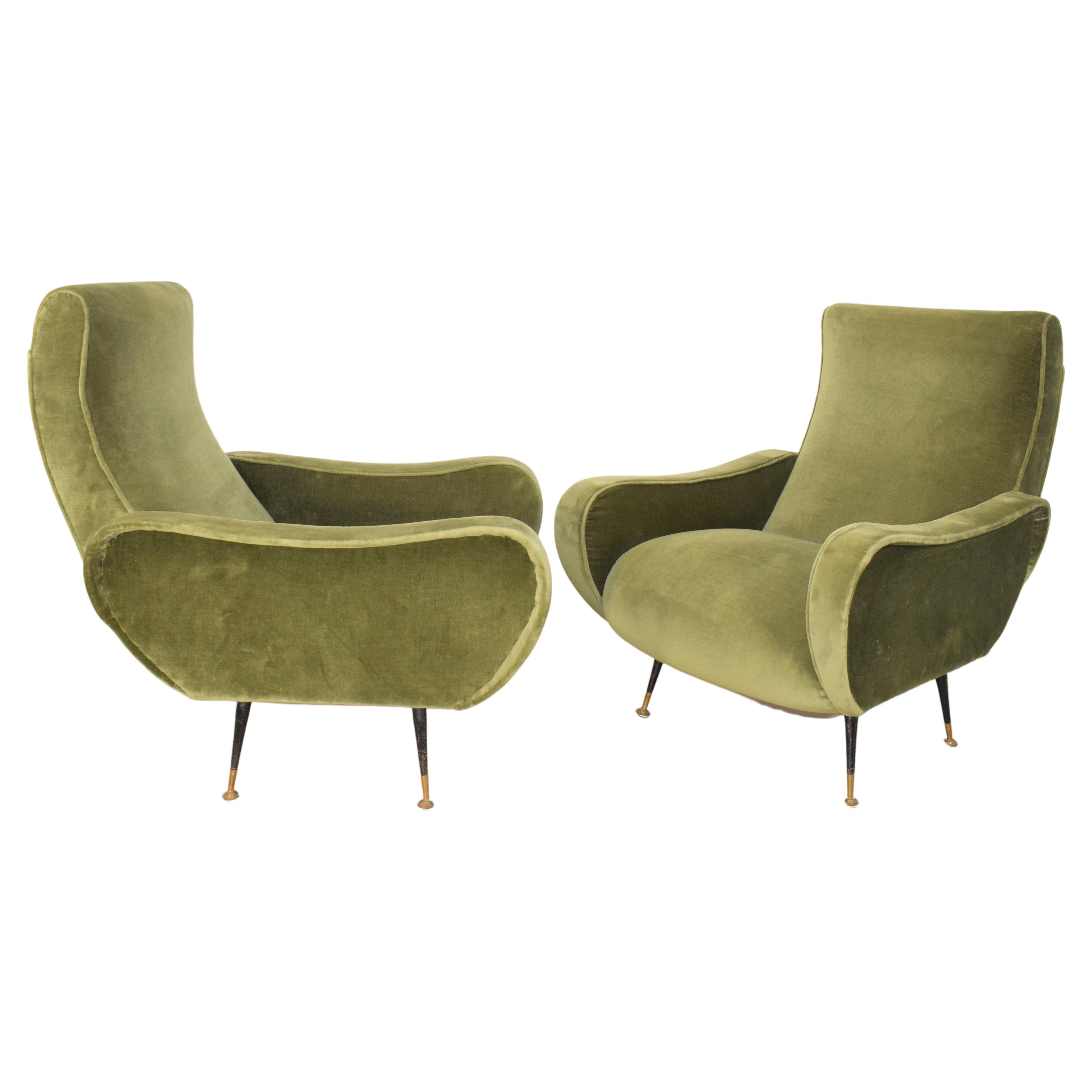Pair of Italian armchairs, velvet, brass and iron, 1950s