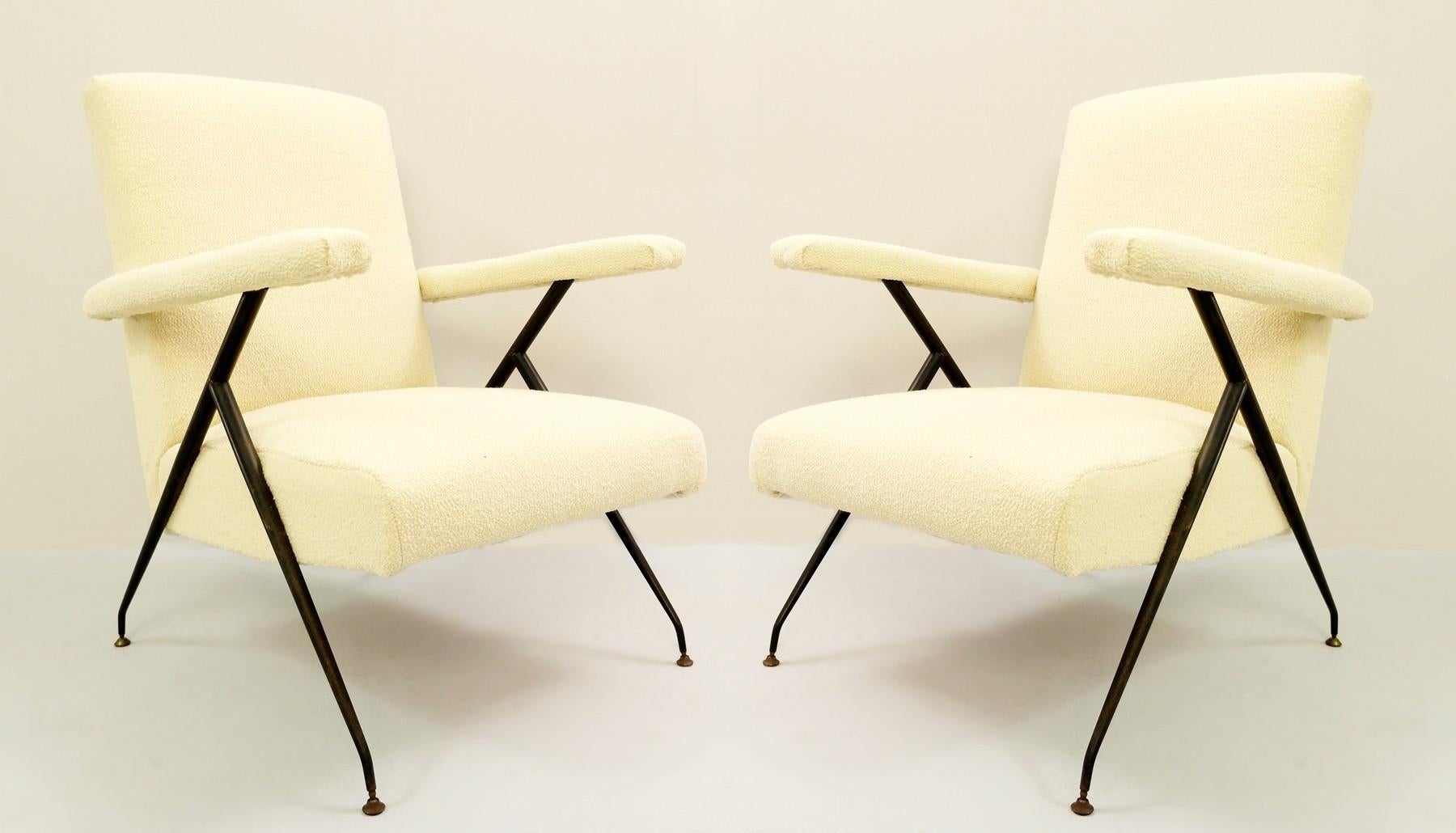 Pair of Italian armchairs with adjustable backrests - new cream upholstery.