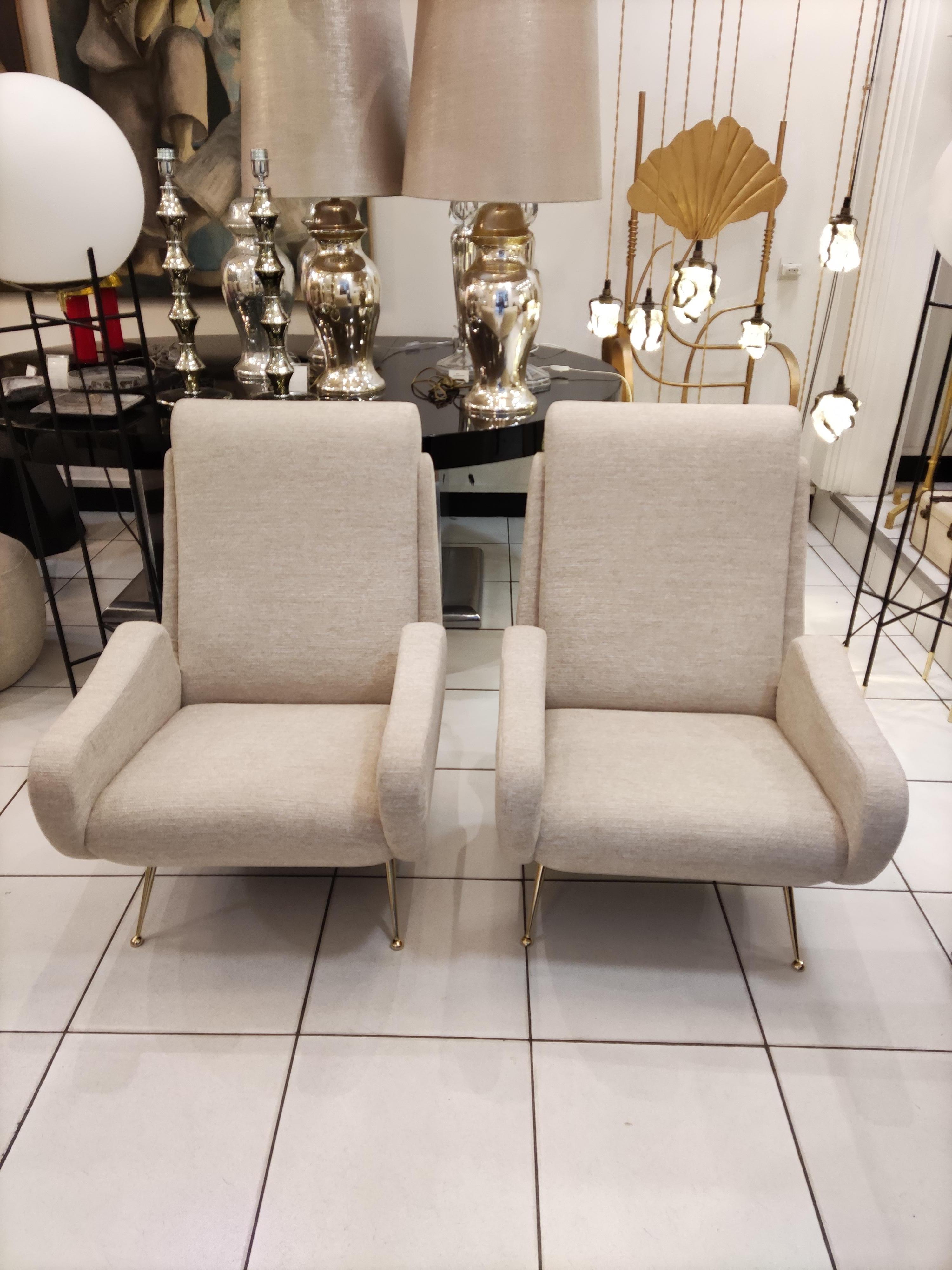 Pair of Italian Armchairs with Brass Feet, Beige Fabric 'Reupholstered' 8