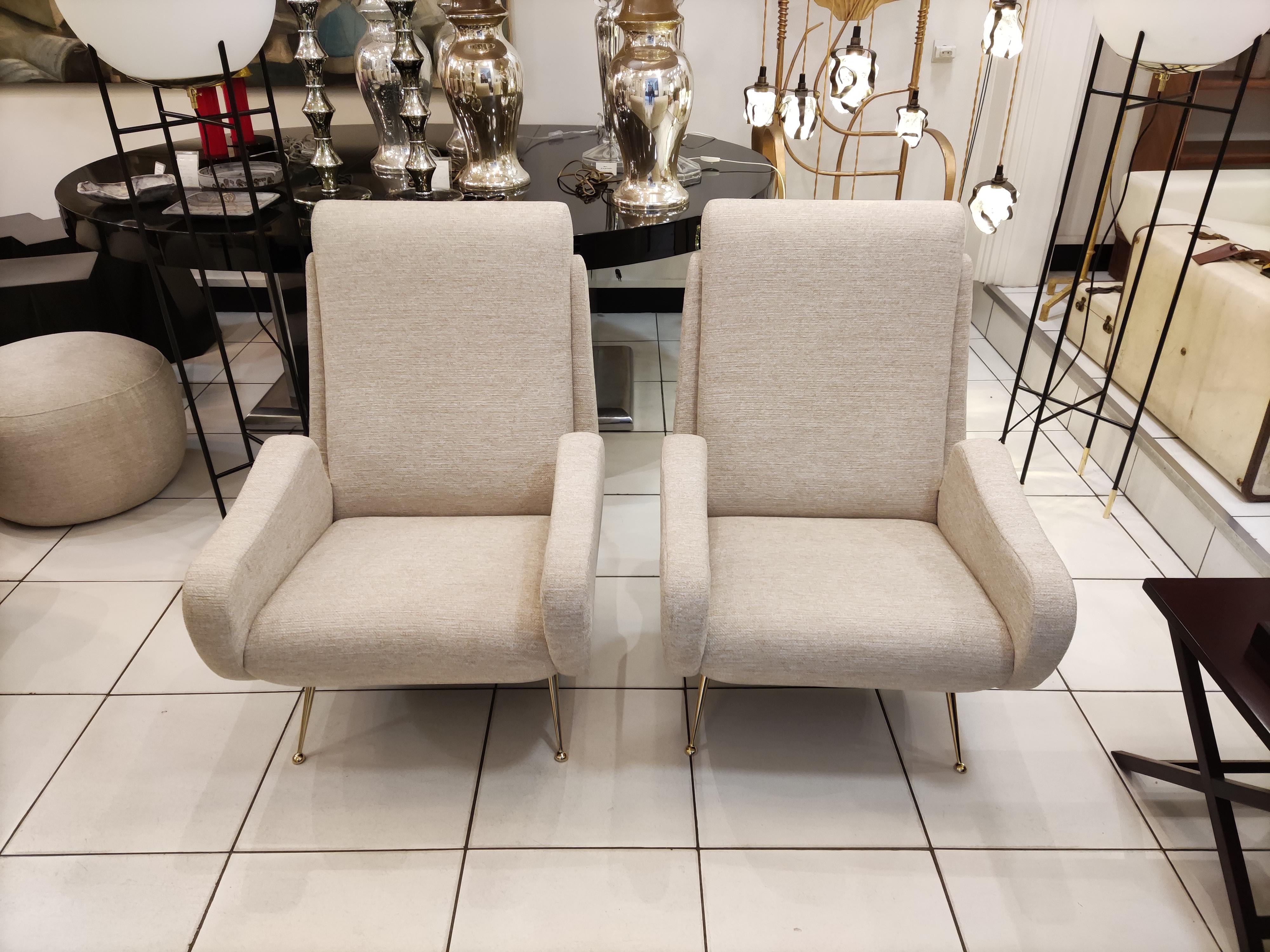Pair of Italian Armchairs with Brass Feet, Beige Fabric 'Reupholstered' 9