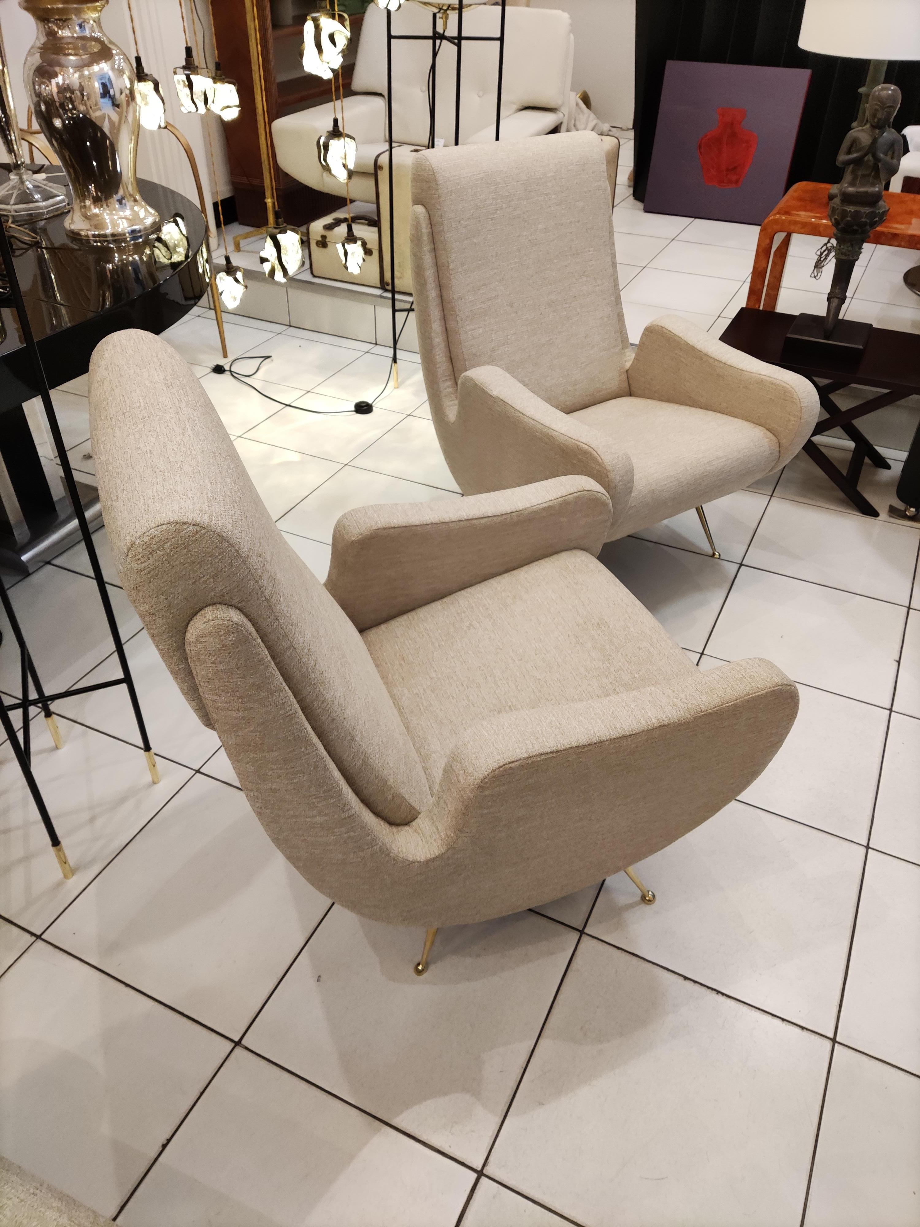 Pair of Italian armchairs with brass feet, beige fabric (reupholstered).