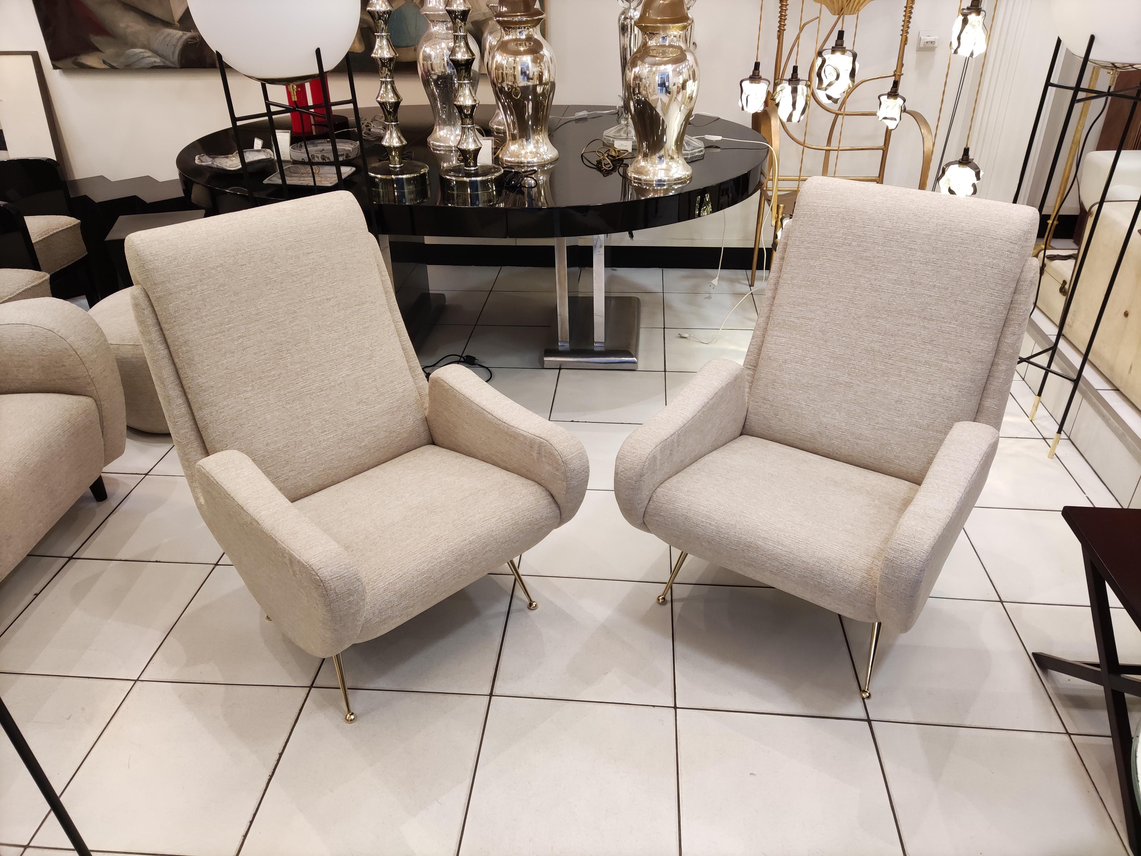 Pair of Italian Armchairs with Brass Feet, Beige Fabric 'Reupholstered' 4
