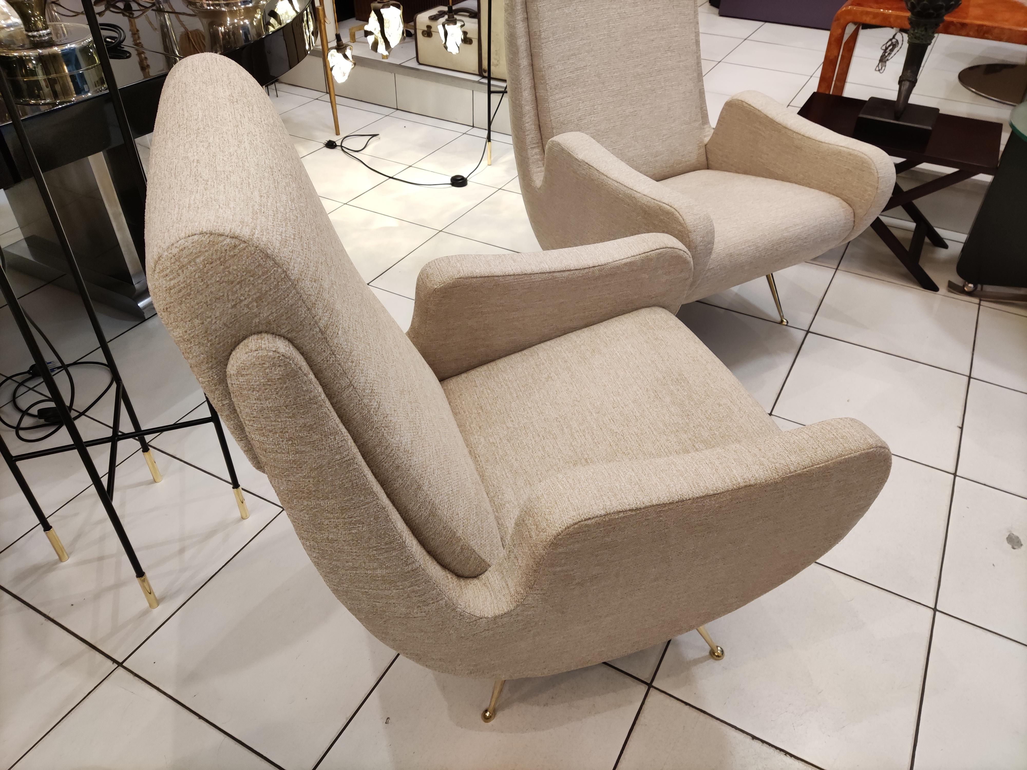 Pair of Italian Armchairs with Brass Feet, Beige Fabric 'Reupholstered' 5