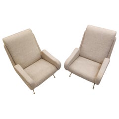 Pair of Italian Armchairs with Brass Feet, Beige Fabric 'Reupholstered'