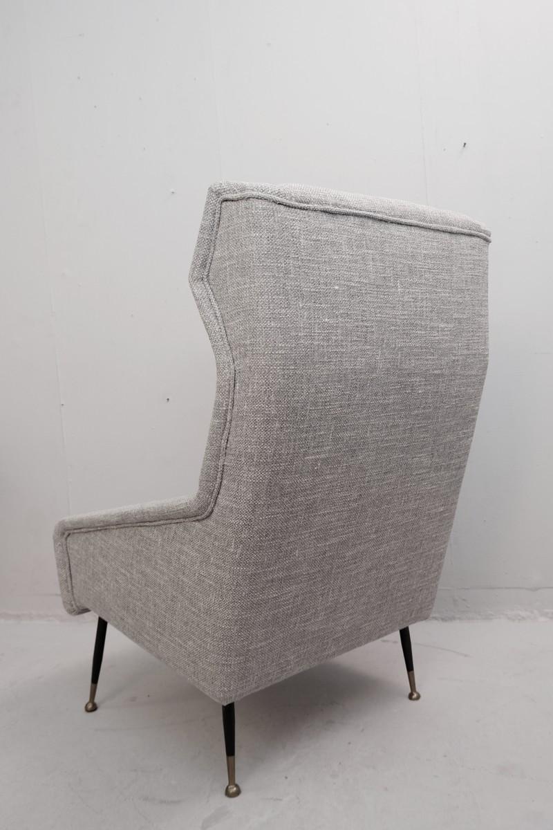 Metal Pair of Italian Armchairs with High Back with Ears, New Light Gray Marl Upholst For Sale