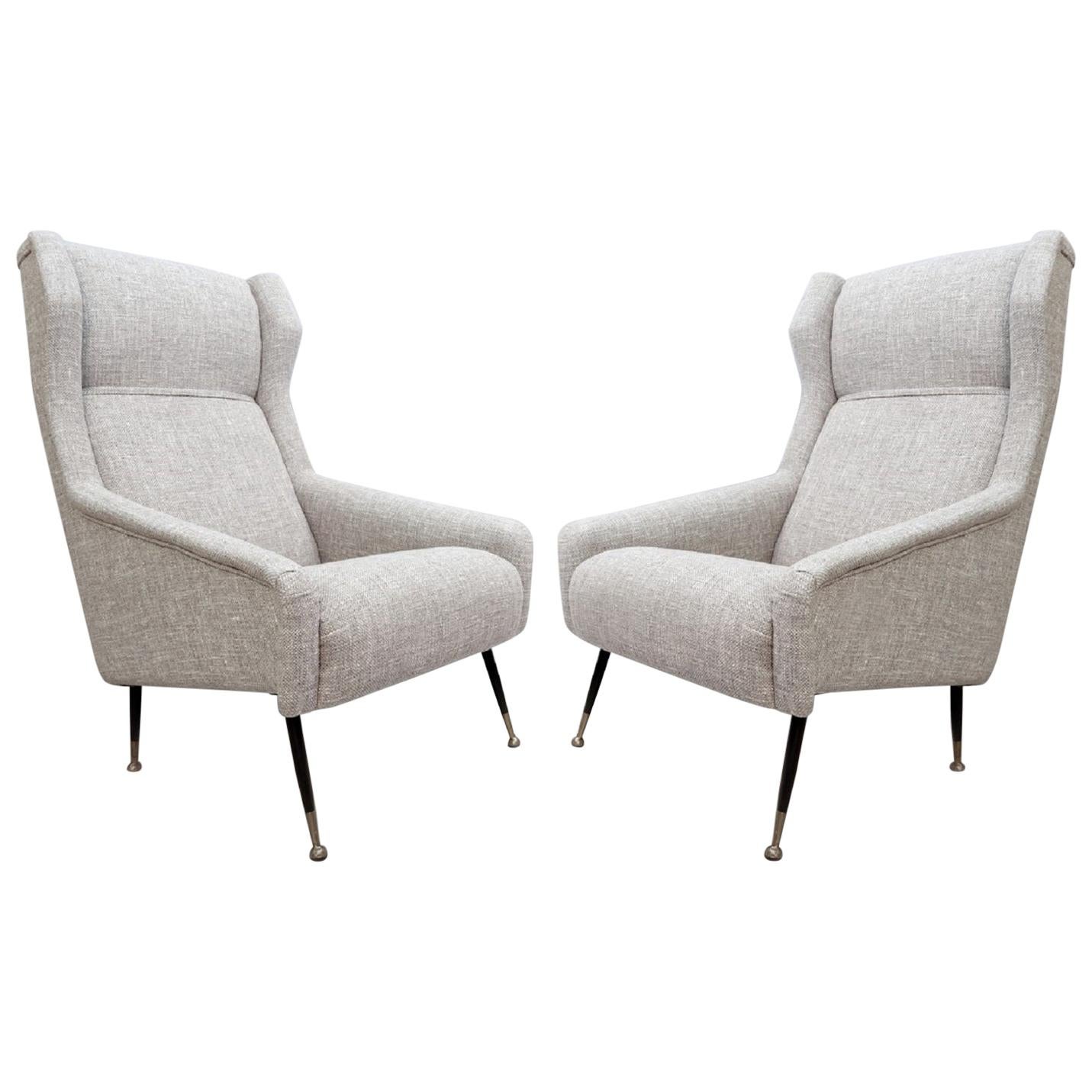 Pair of Italian Armchairs with High Back with Ears, New Light Gray Marl Upholst For Sale