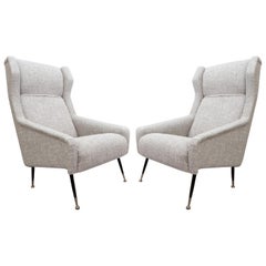 Vintage Pair of Italian Armchairs with High Back with Ears, New Light Gray Marl Upholst