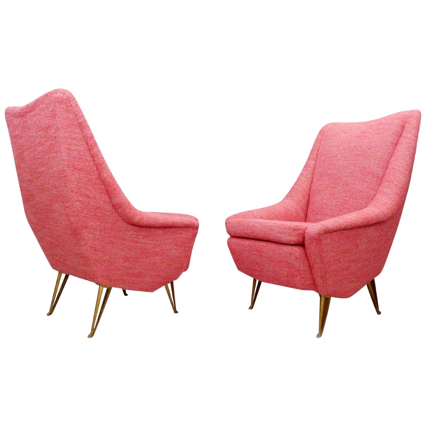 Pair of Italian Armchairs with High Backs, New Upholstery For Sale