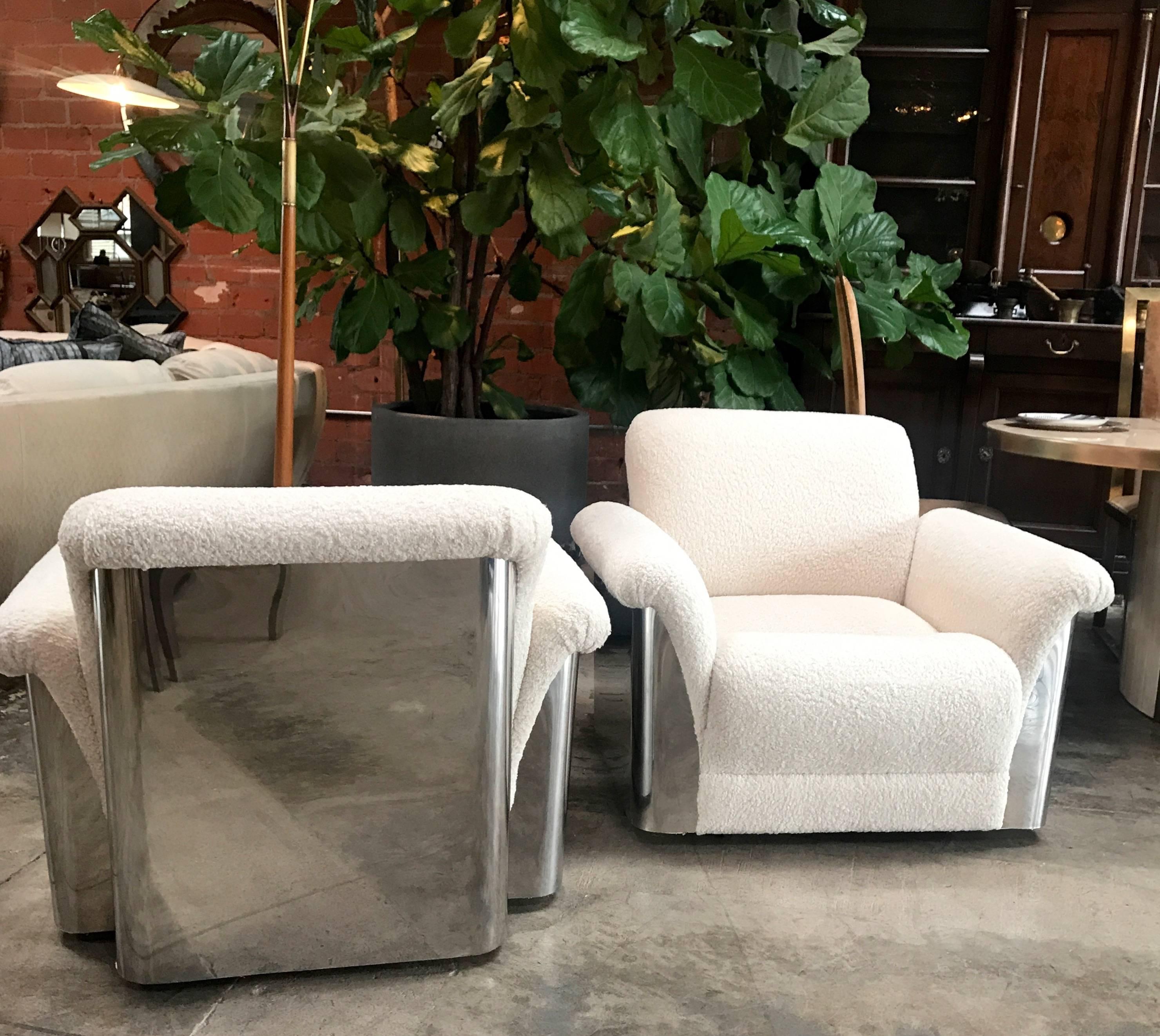 Pair of Italian Armchairs with New Upholstery and Chromed Steel Bases In Excellent Condition In Los Angeles, CA