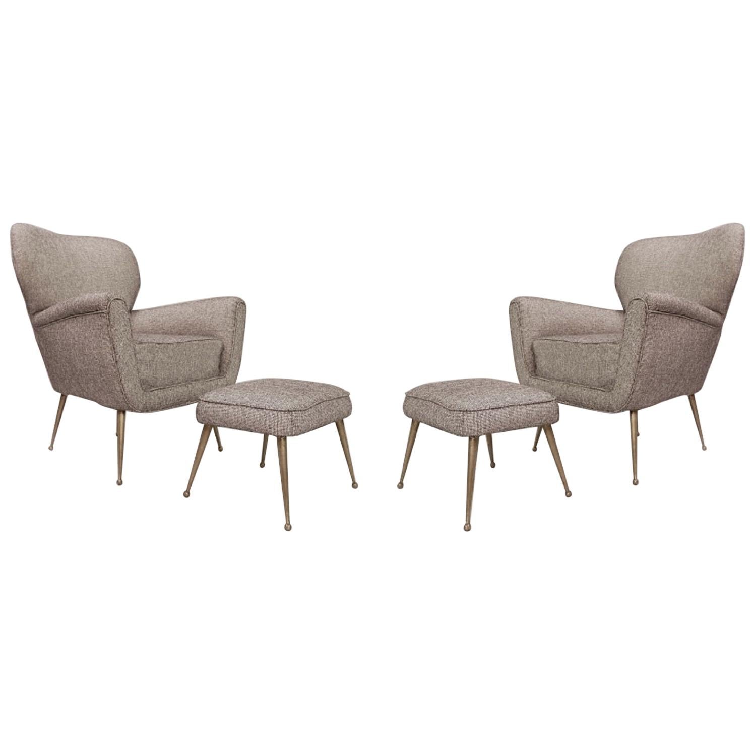 Pair of Italian Armchairs with Ottomans, New Upholstery