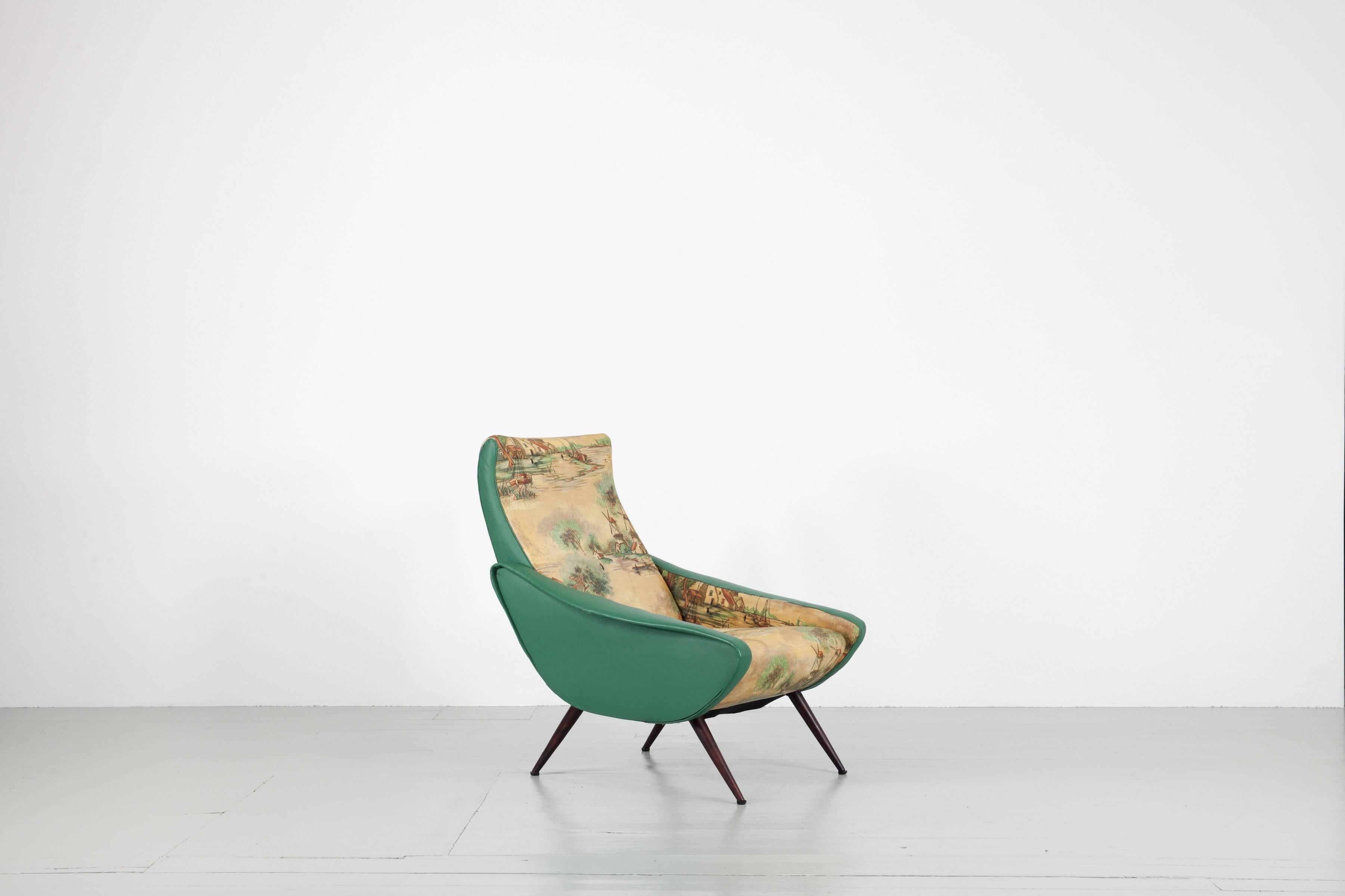 Mid-Century Modern Set of 2 Italian Chairs, Two-Tone Cover, Turquoise and Landscape motive, 1950s