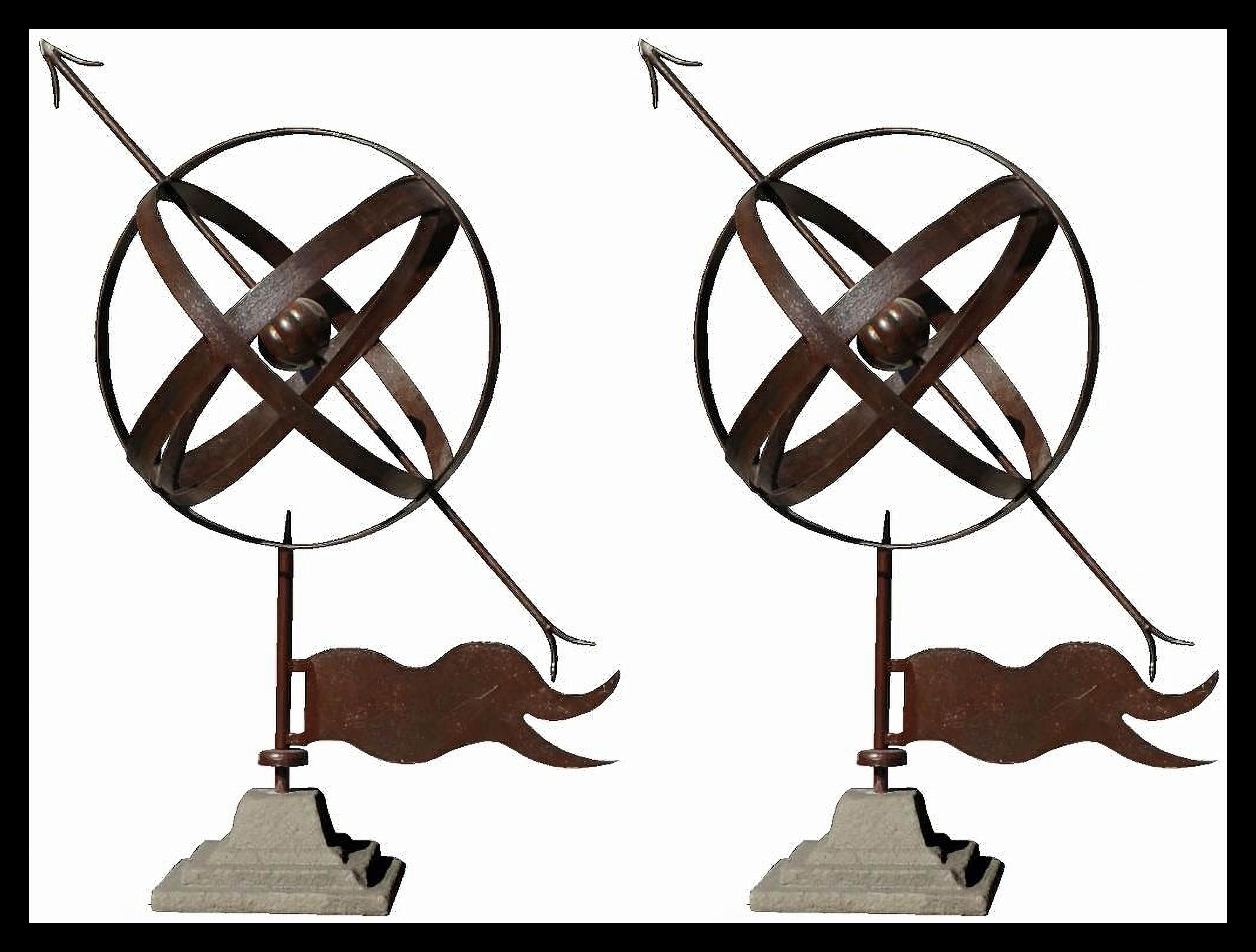 Hand-Crafted Pair of Italian Armillary Spheres Vane began 20th Century H: 80cm For Sale