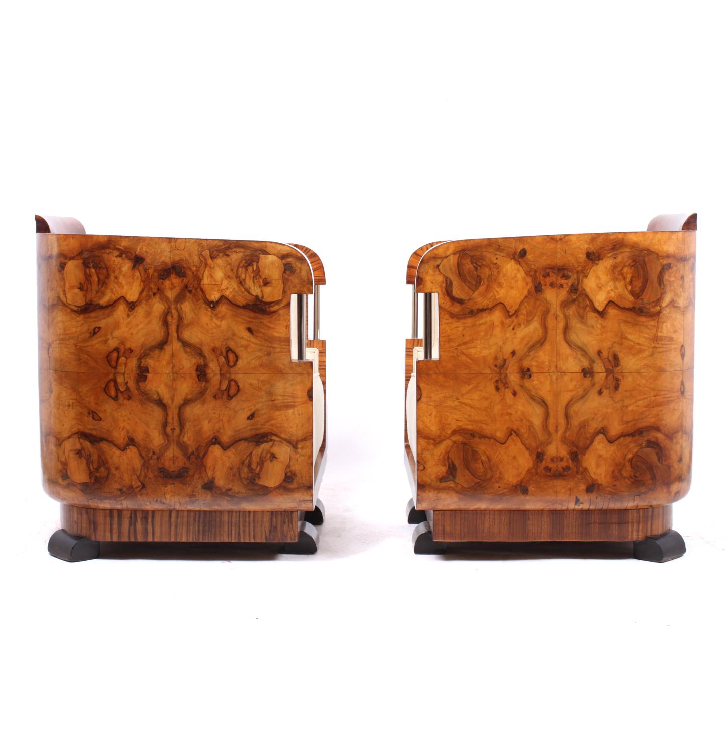 Pair of Italian Art Deco armchairs and stools
This pair of Art Deco armchairs and stools were produced in Italy the 1920s they have figured walnut wraparound backs with chromed steel detailing, these chairs and stools have been fully restored hand