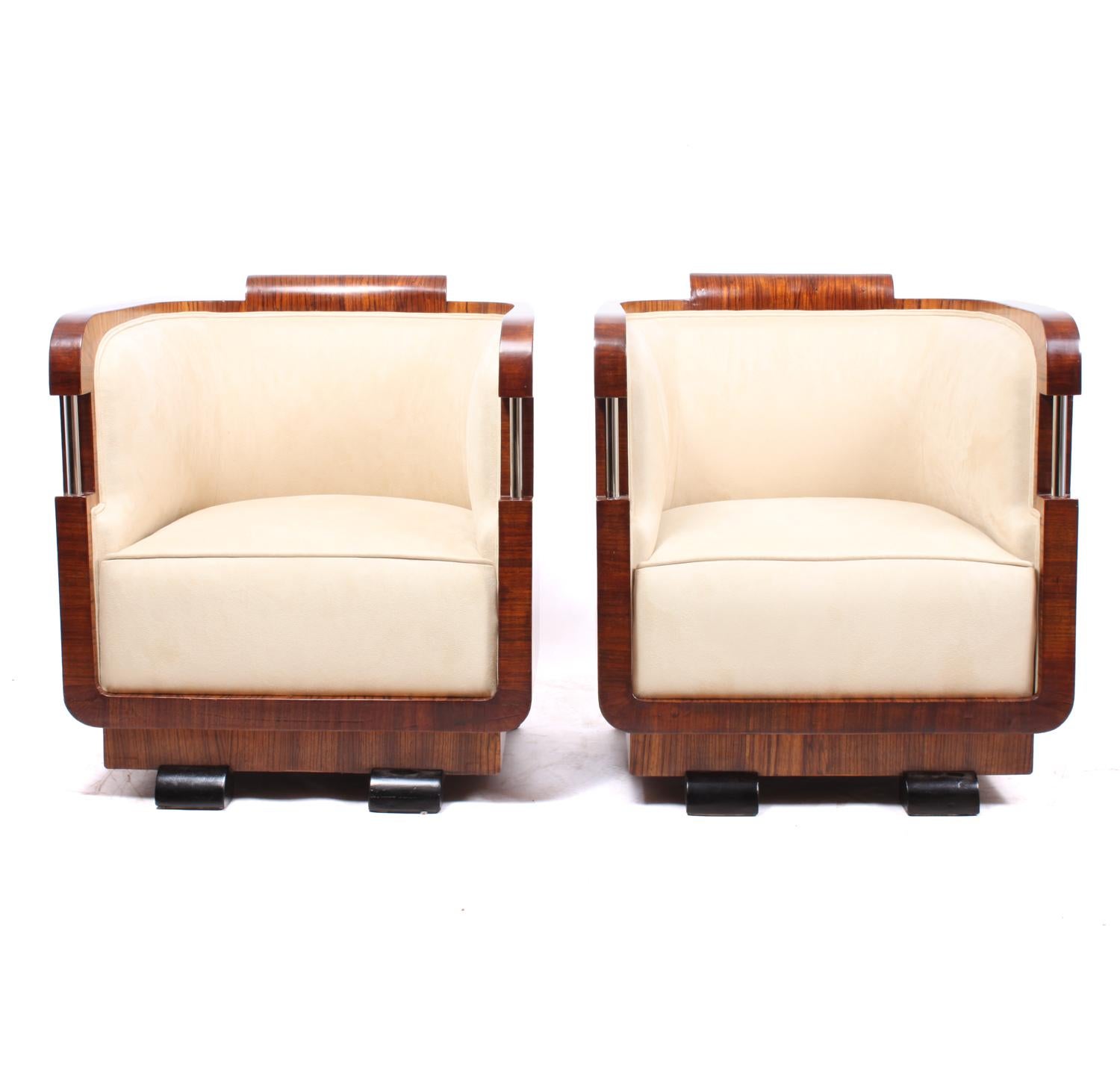 Early 20th Century Pair of Italian Art Deco Armchairs and Stools