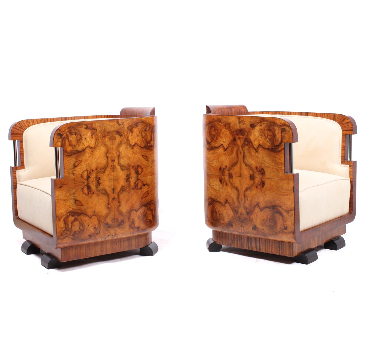 Walnut Pair of Italian Art Deco Armchairs and Stools