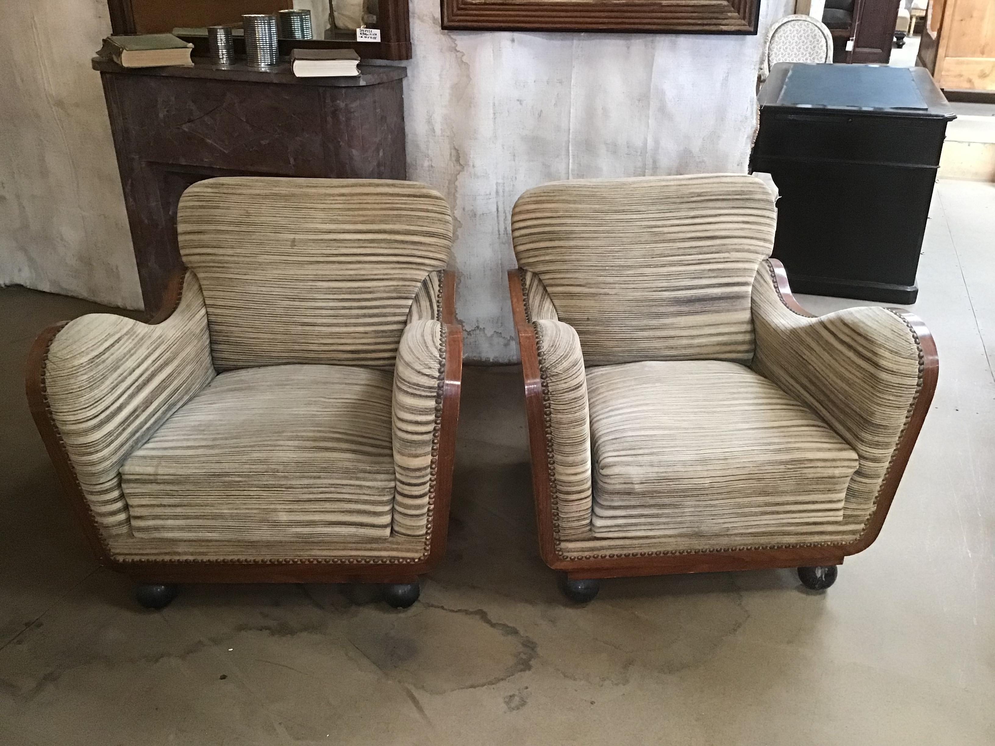 Pair of Italian Art Deco briar root armchairs with original fabric. 1940s.