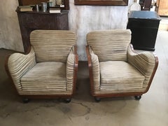 Pair of Italian Art Deco Armchairs in Briar Root and Original Fabric, 1940s