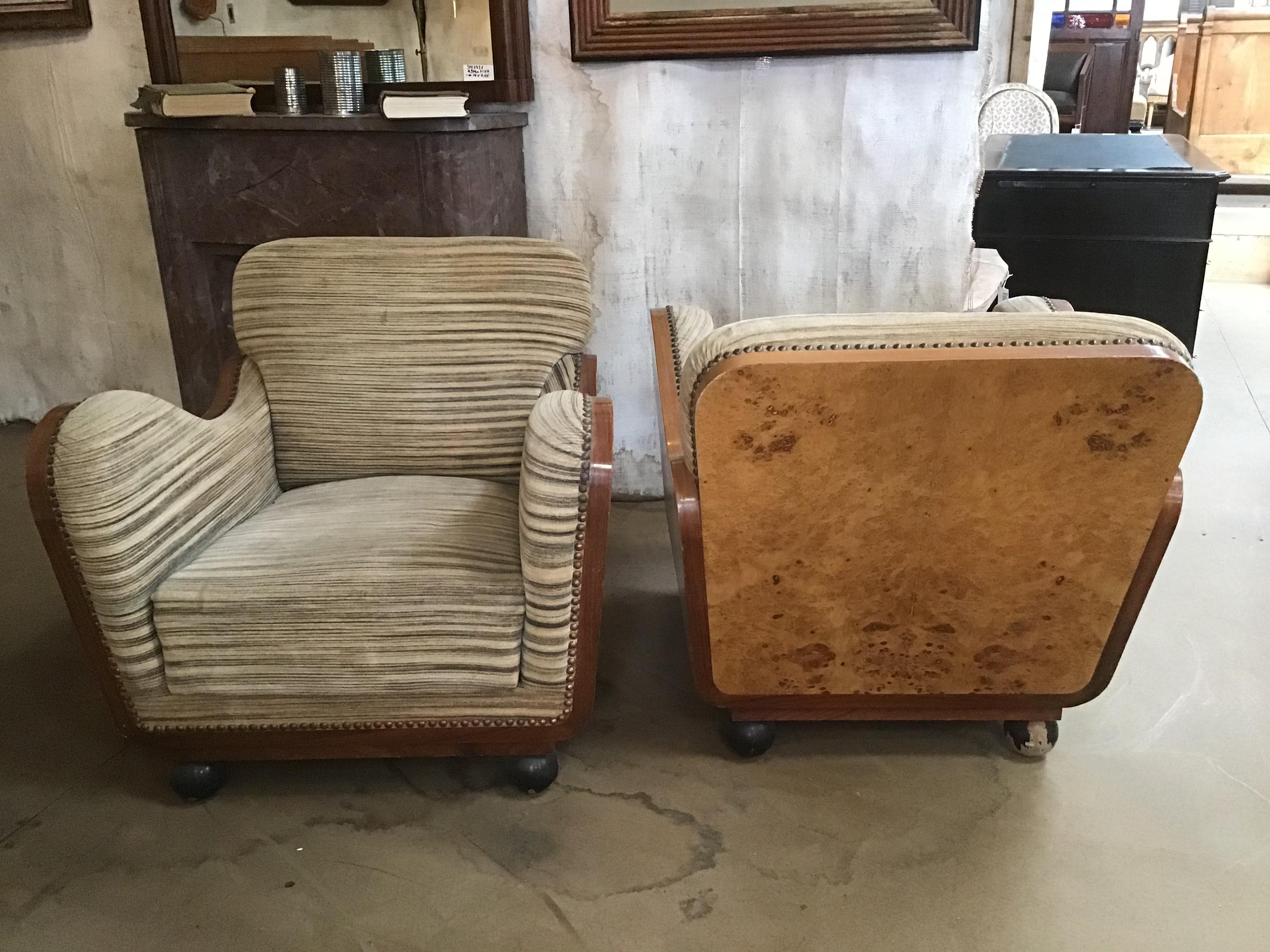 Pair of Italian Art Deco Armchairs in Briar Root and Original Fabric, 1940s For Sale 1