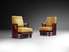 Pair of Italian Art Deco Armchairs in Wood and Ochre Velvet