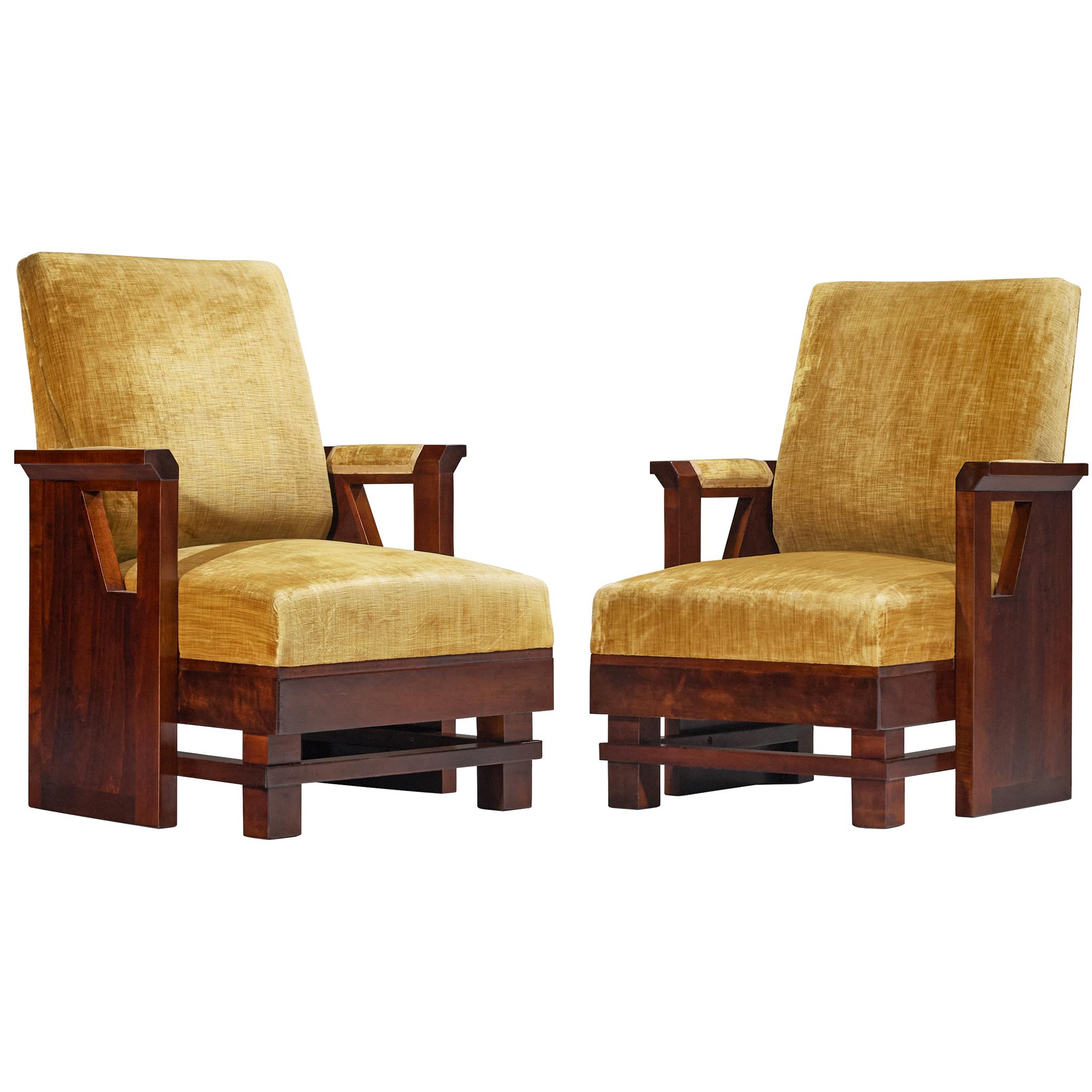 Pair of Italian Art Deco Armchairs in Wood and Ochre Velvet