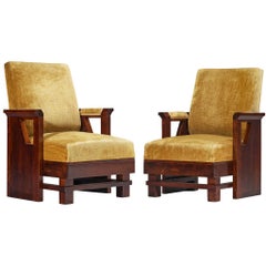 Pair of Italian Art Deco Armchairs in Wood and Ochre Velvet