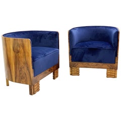 Pair of Italian Art Deco Armchairs, Walnut and New Blue Velvet Upholstery 1920s