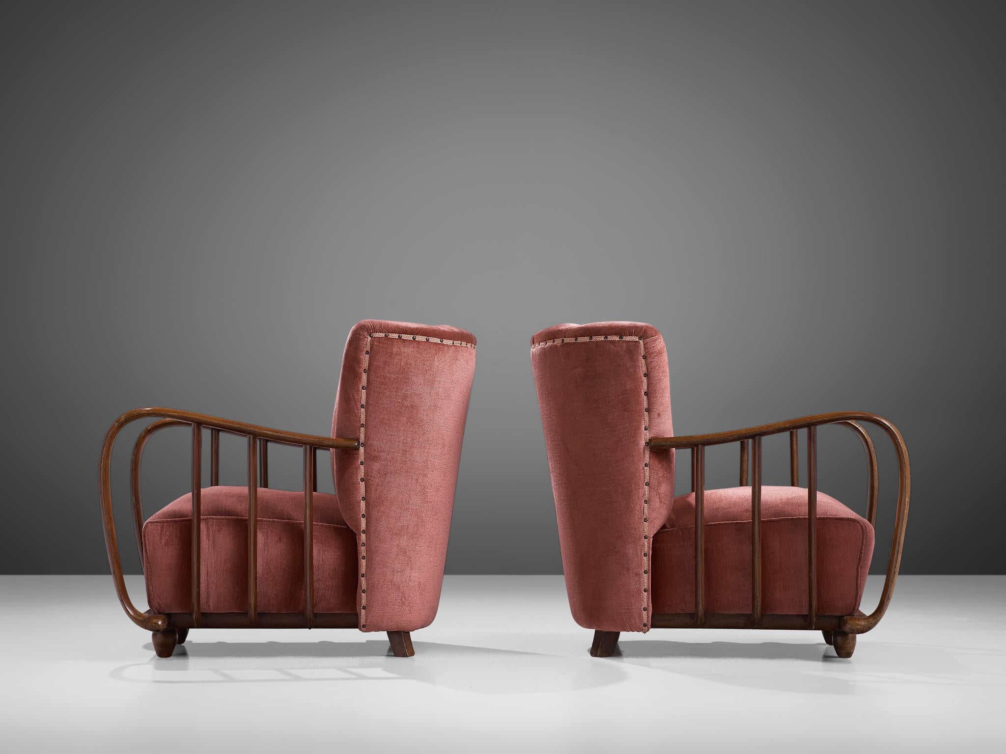 Mid-20th Century Pair of Italian Art Deco Armchairs with Coral Upholstery, 1940s