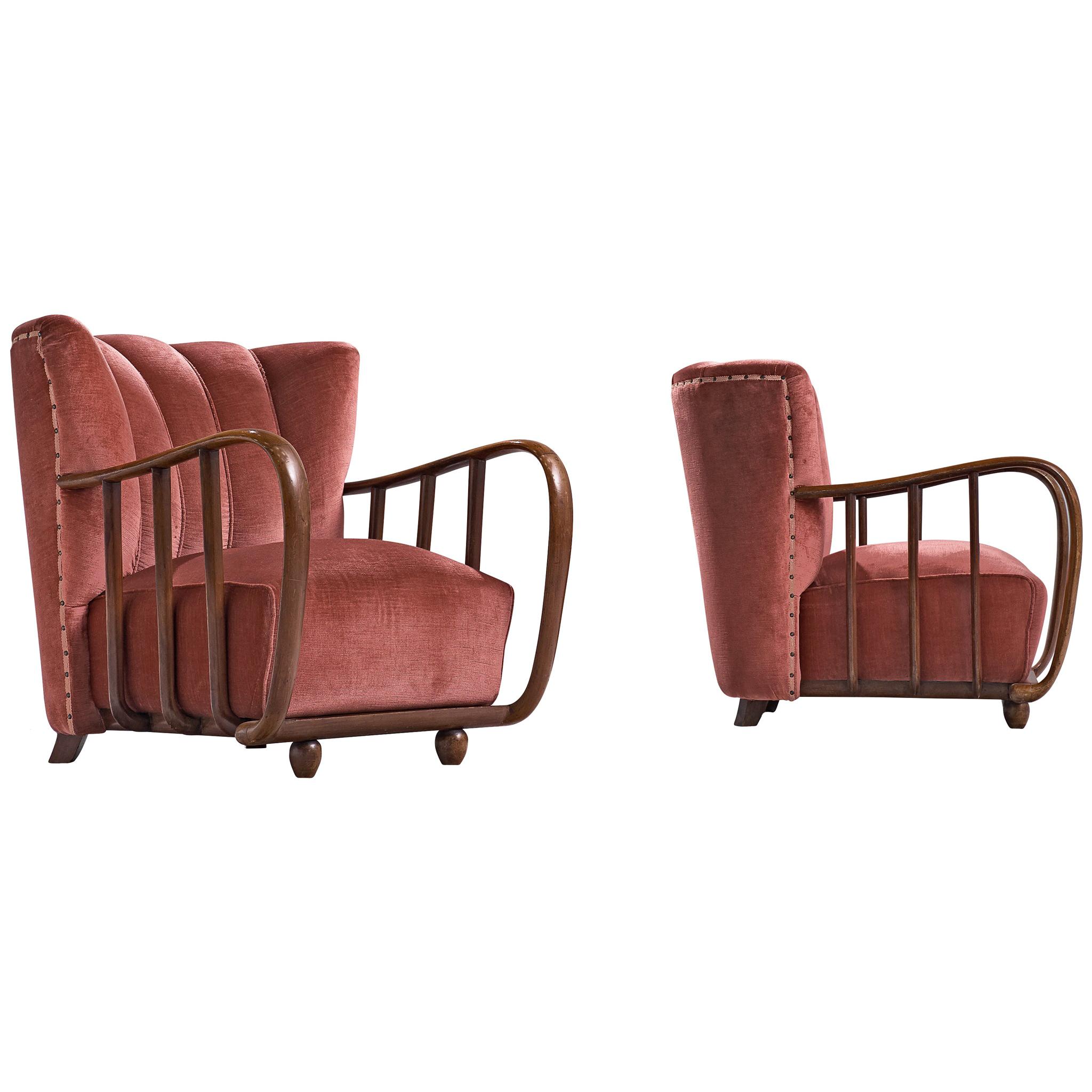 Pair of Italian Art Deco Armchairs with Coral Upholstery, 1940s