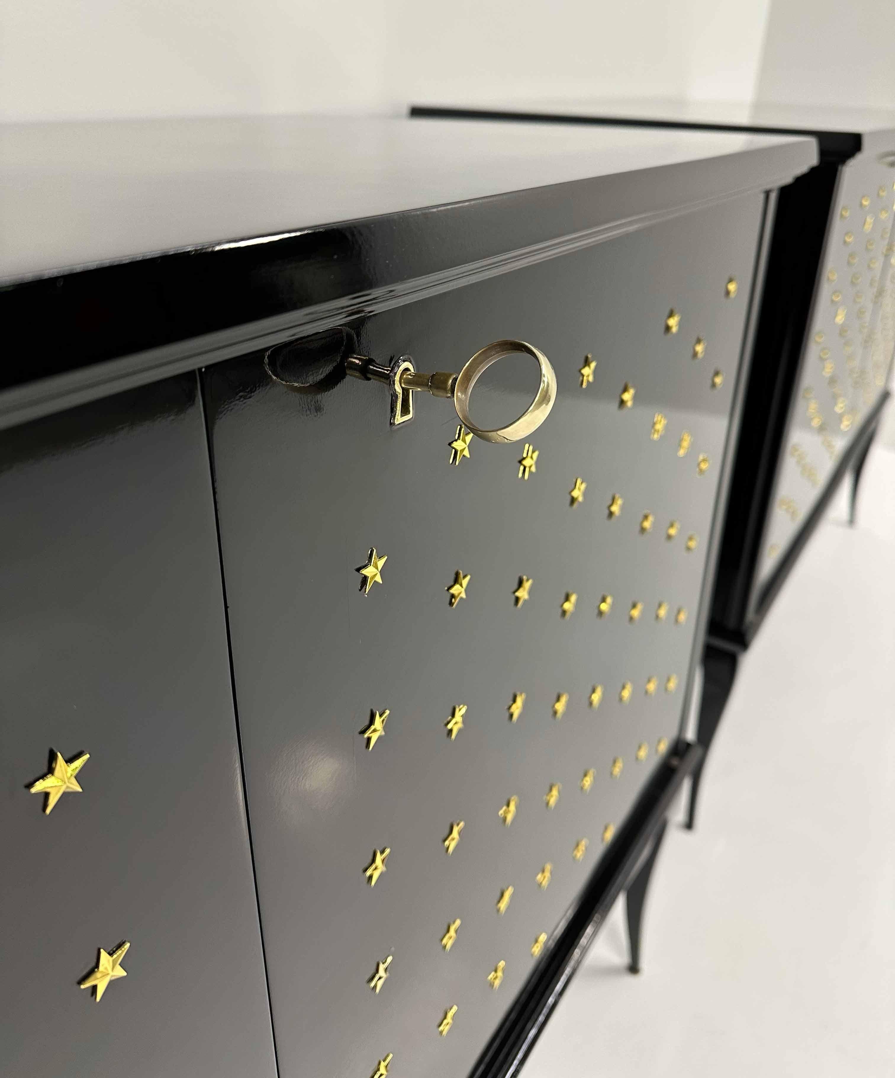 Pair of Italian Art Deco Black Lacquered and Brass Stars twin Cabinets, 1950s 4