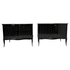 Pair of Italian Art Deco Black Lacquered and Brass Stars twin Cabinets, 1950s
