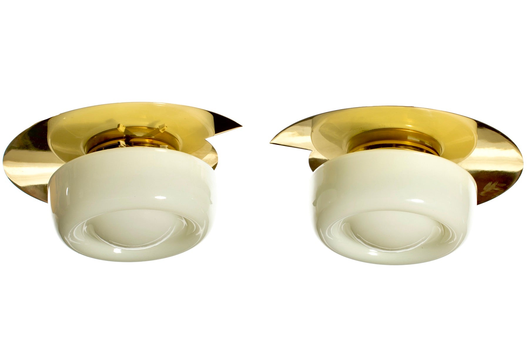 Wonderful pair of 1930s true Art Deco sconces or flush mount brass and glass lights fully professionally restored from top to bottom with new UL certified wiring. Ciao bella! These Italian Art Deco lights are large and attract attention. Versatile
