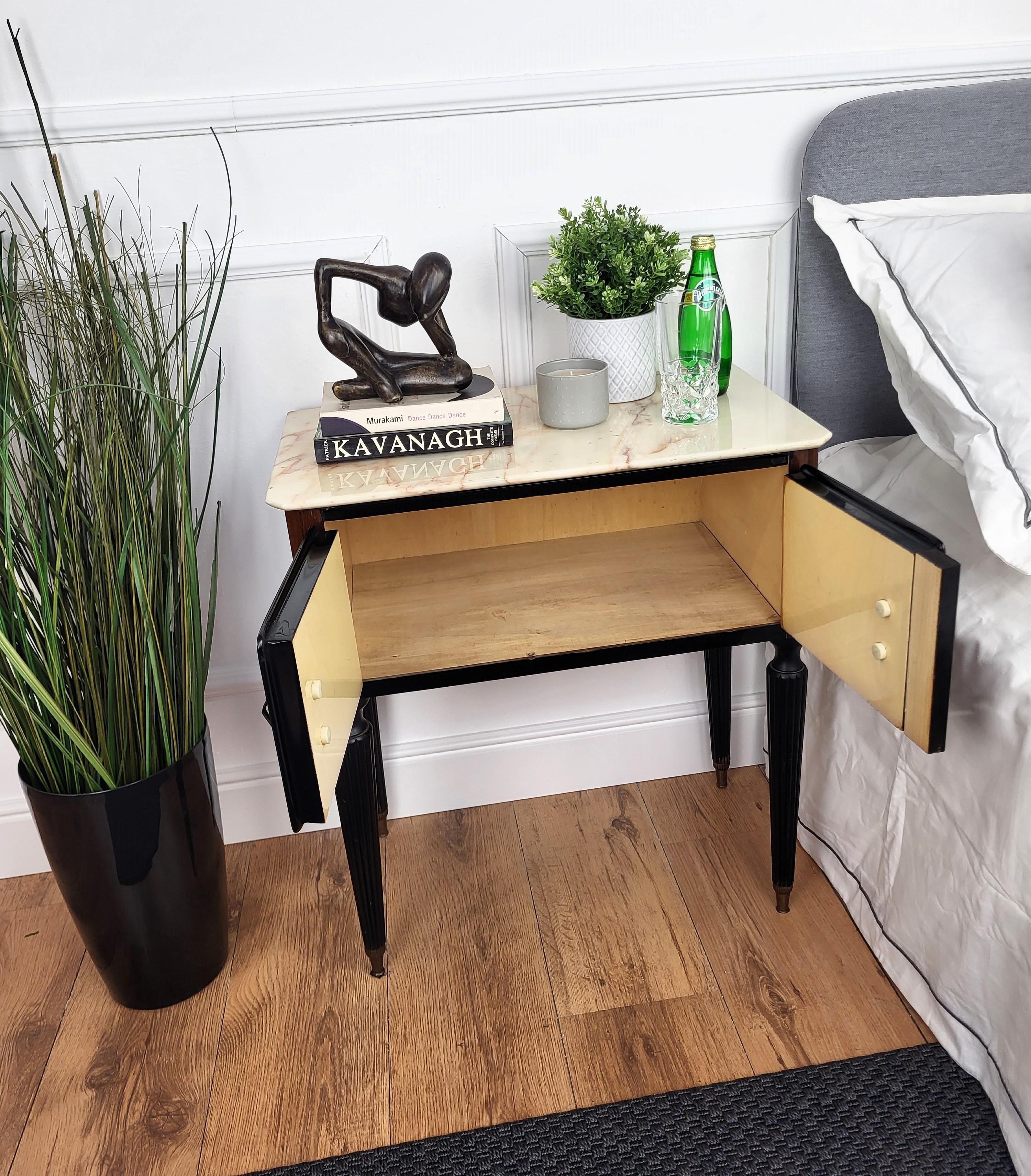 20th Century Pair of Italian Art Deco Burl Veneer Wood Marble Top Night Stands Bedside Tables