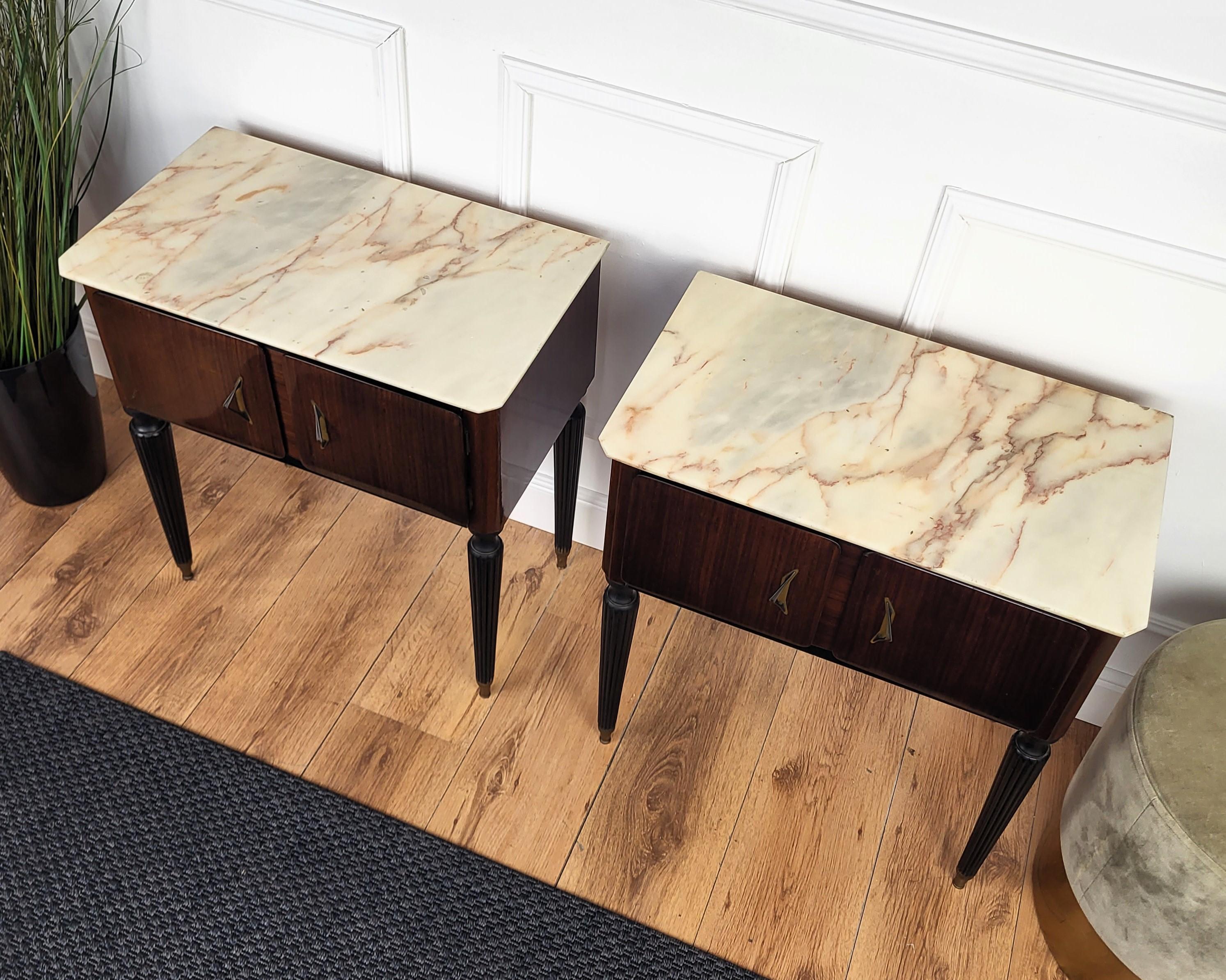 Brass Pair of Italian Art Deco Burl Veneer Wood Marble Top Night Stands Bedside Tables