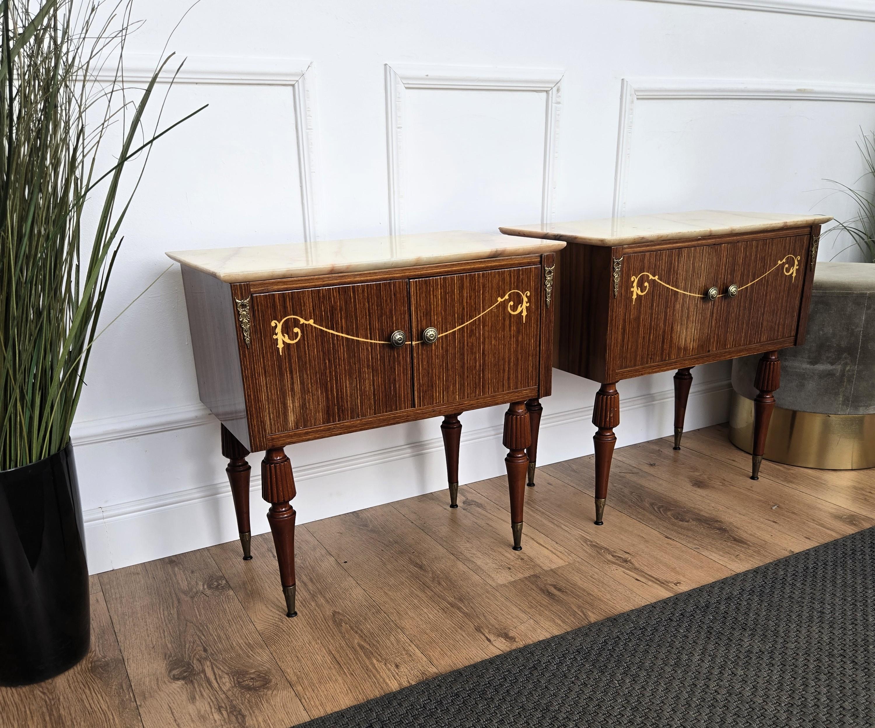 Brass Pair of Italian Art Deco Burl Veneer Wood Marble Top Night Stands Bedside Tables For Sale