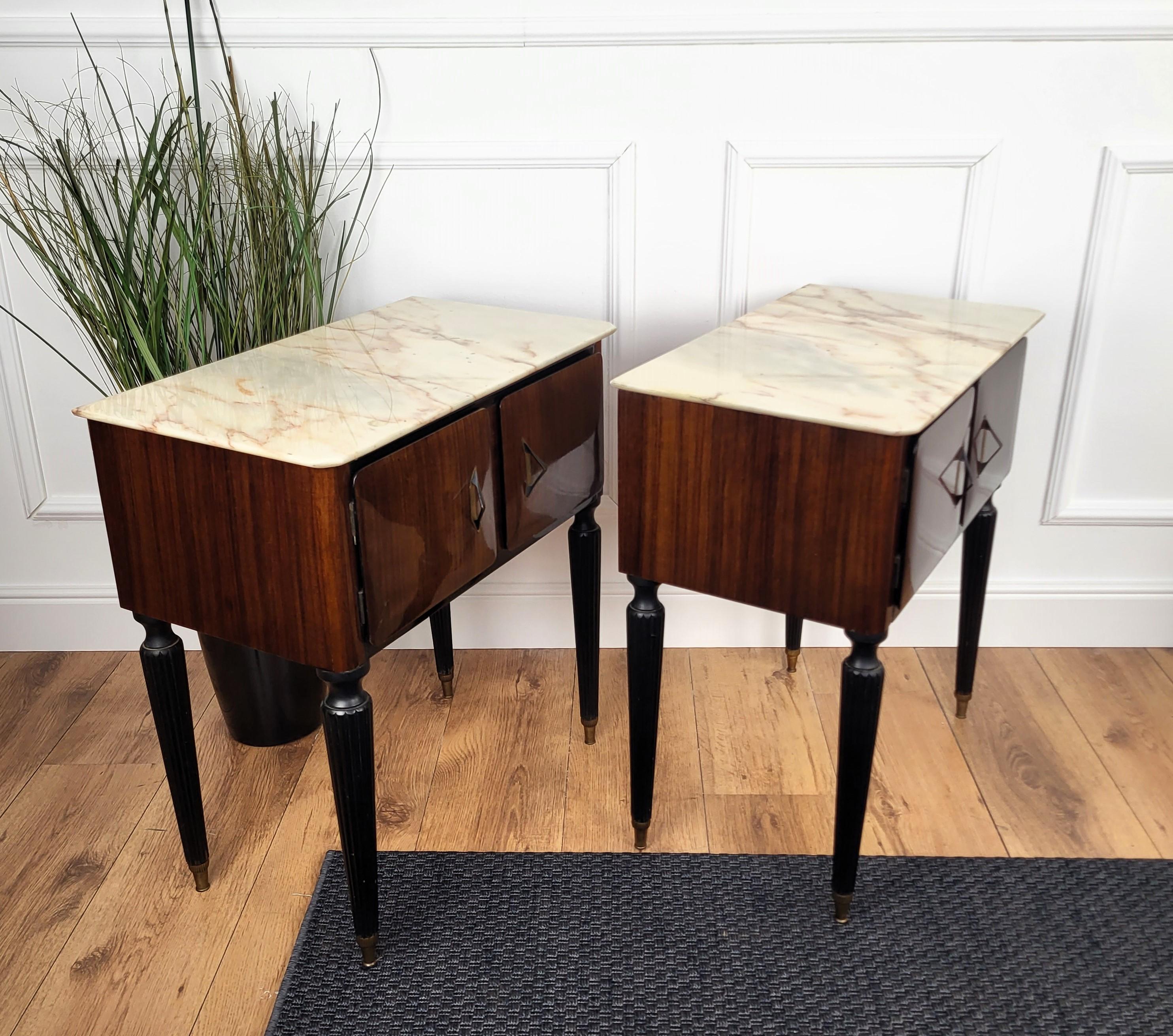 Pair of Italian Art Deco Burl Veneer Wood Marble Top Night Stands Bedside Tables 2