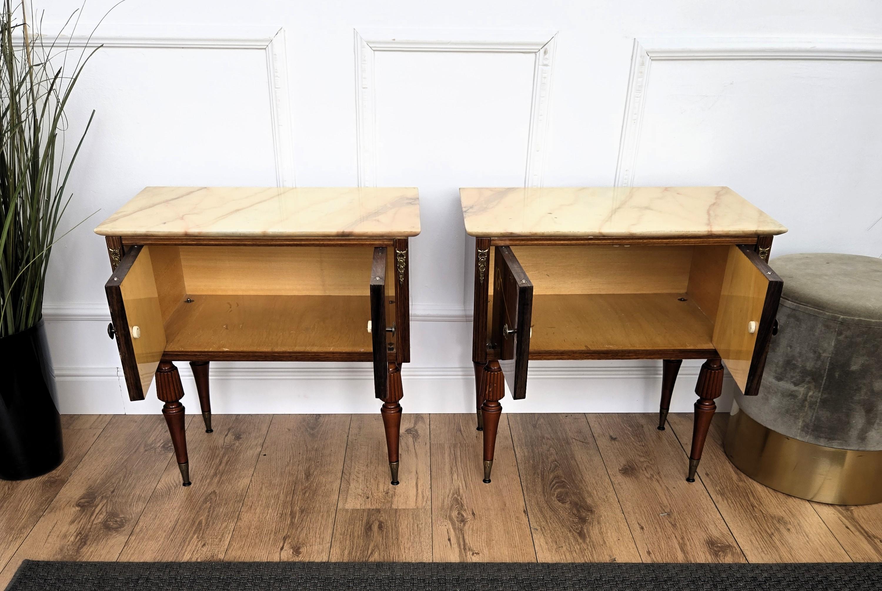 Pair of Italian Art Deco Burl Veneer Wood Marble Top Night Stands Bedside Tables For Sale 2