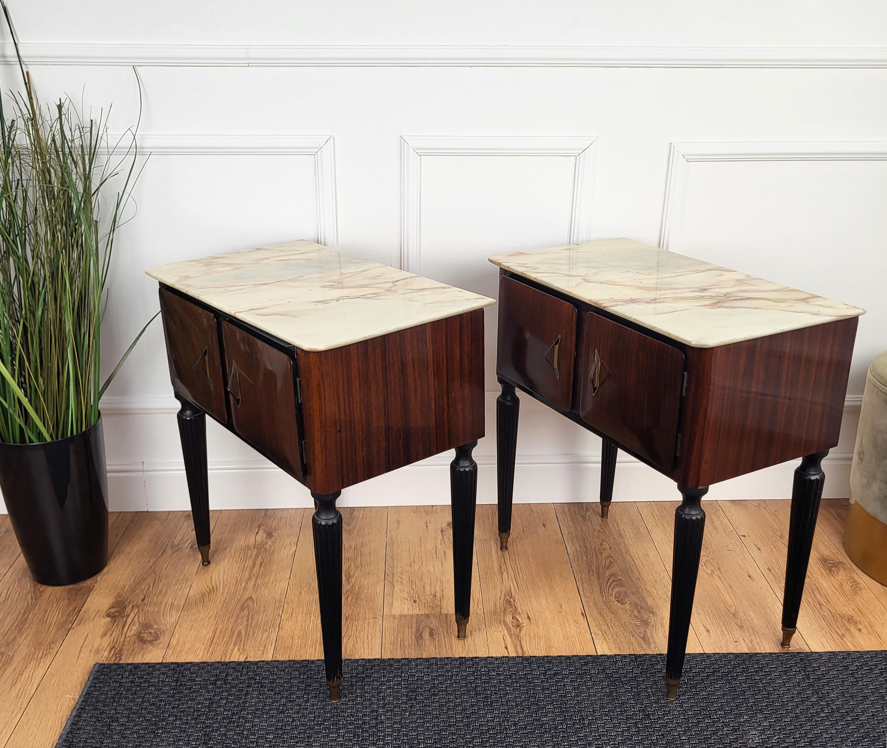 Pair of Italian Art Deco Burl Veneer Wood Marble Top Night Stands Bedside Tables 3
