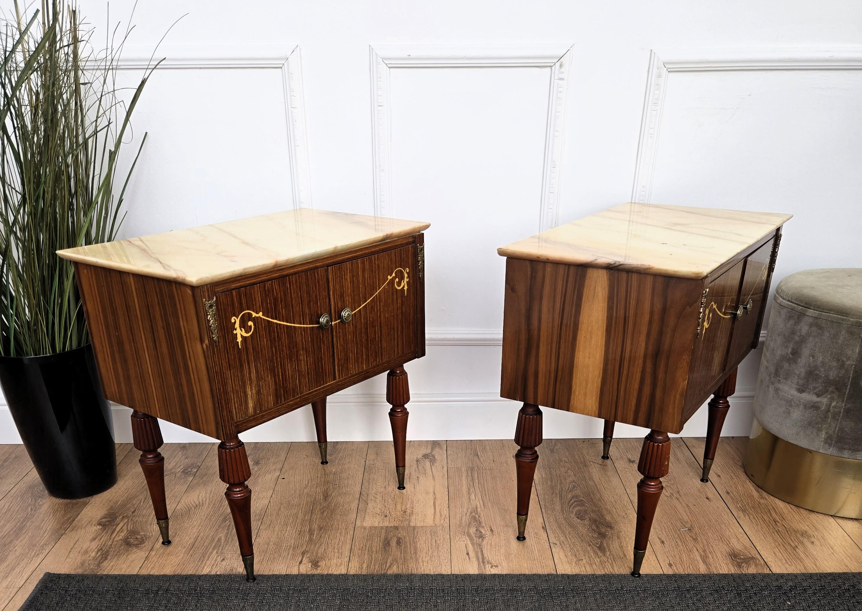 Pair of Italian Art Deco Burl Veneer Wood Marble Top Night Stands Bedside Tables For Sale 3