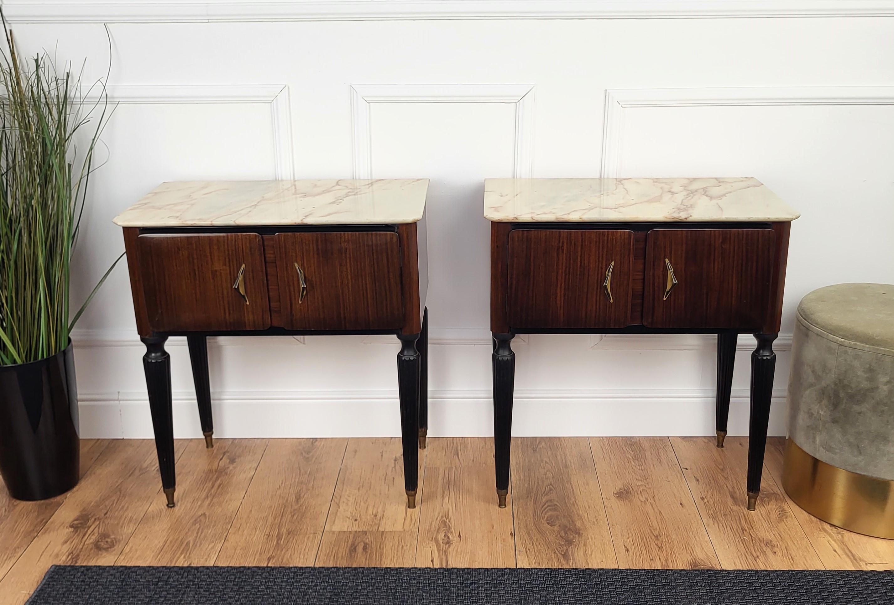 Pair of Italian Art Deco Burl Veneer Wood Marble Top Night Stands Bedside Tables 4