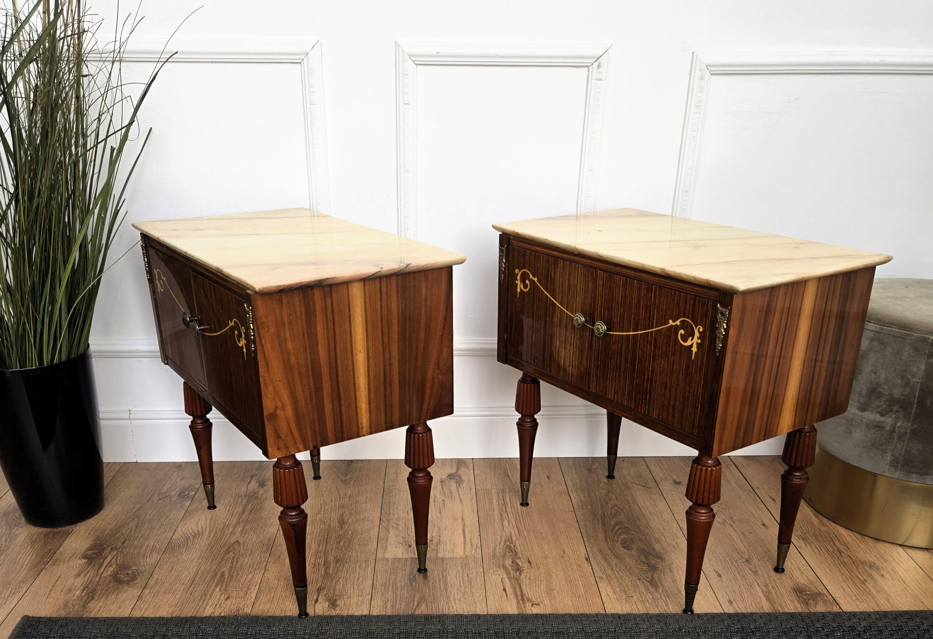 Pair of Italian Art Deco Burl Veneer Wood Marble Top Night Stands Bedside Tables For Sale 4