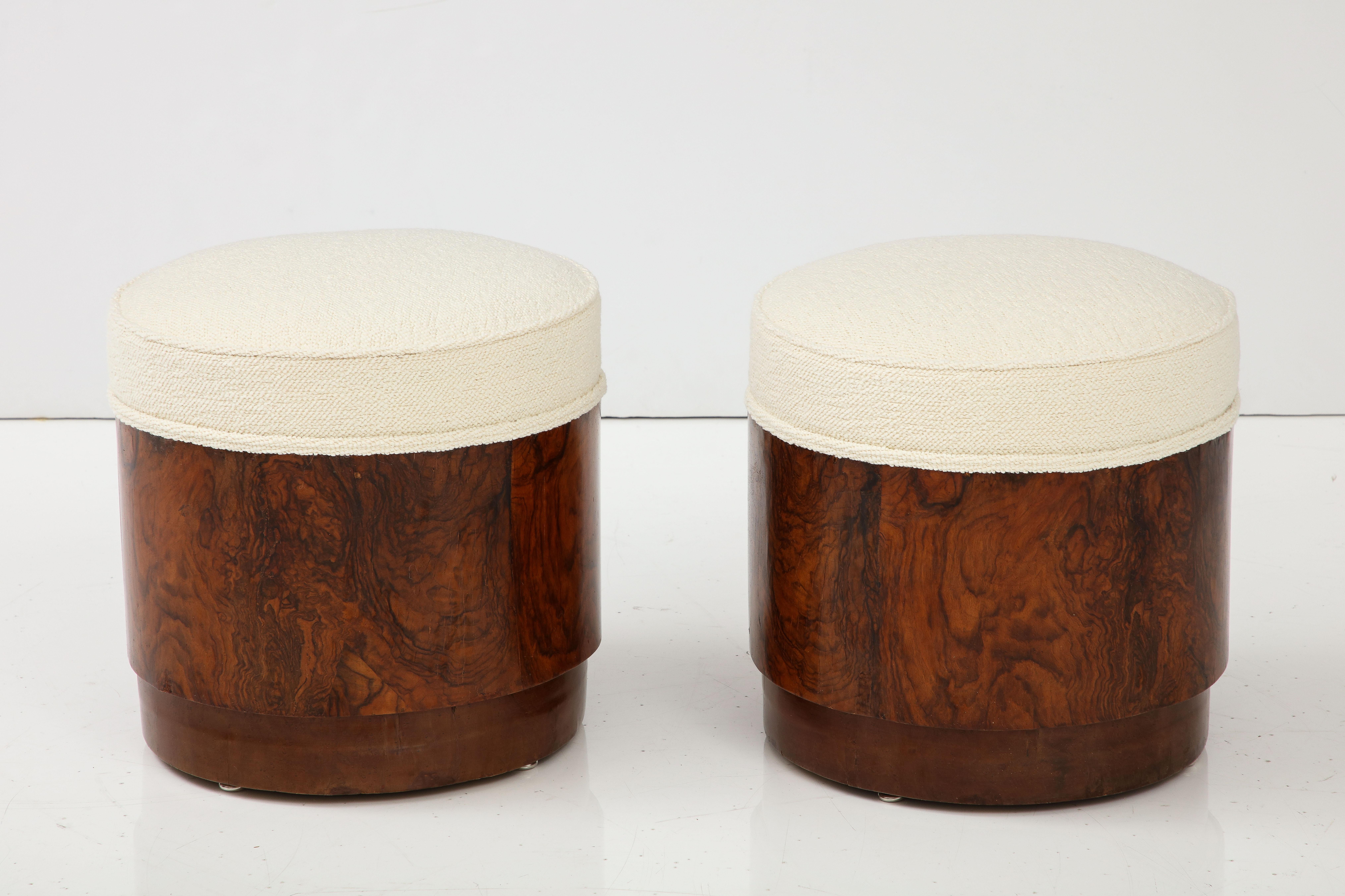 Fabric Pair of Italian Art Deco Burl Wood Circular Stools  For Sale