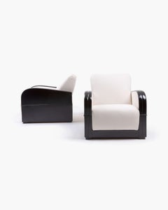 Pair of Italian Art Deco Club Chairs in Black Lacquer and White Bouclé