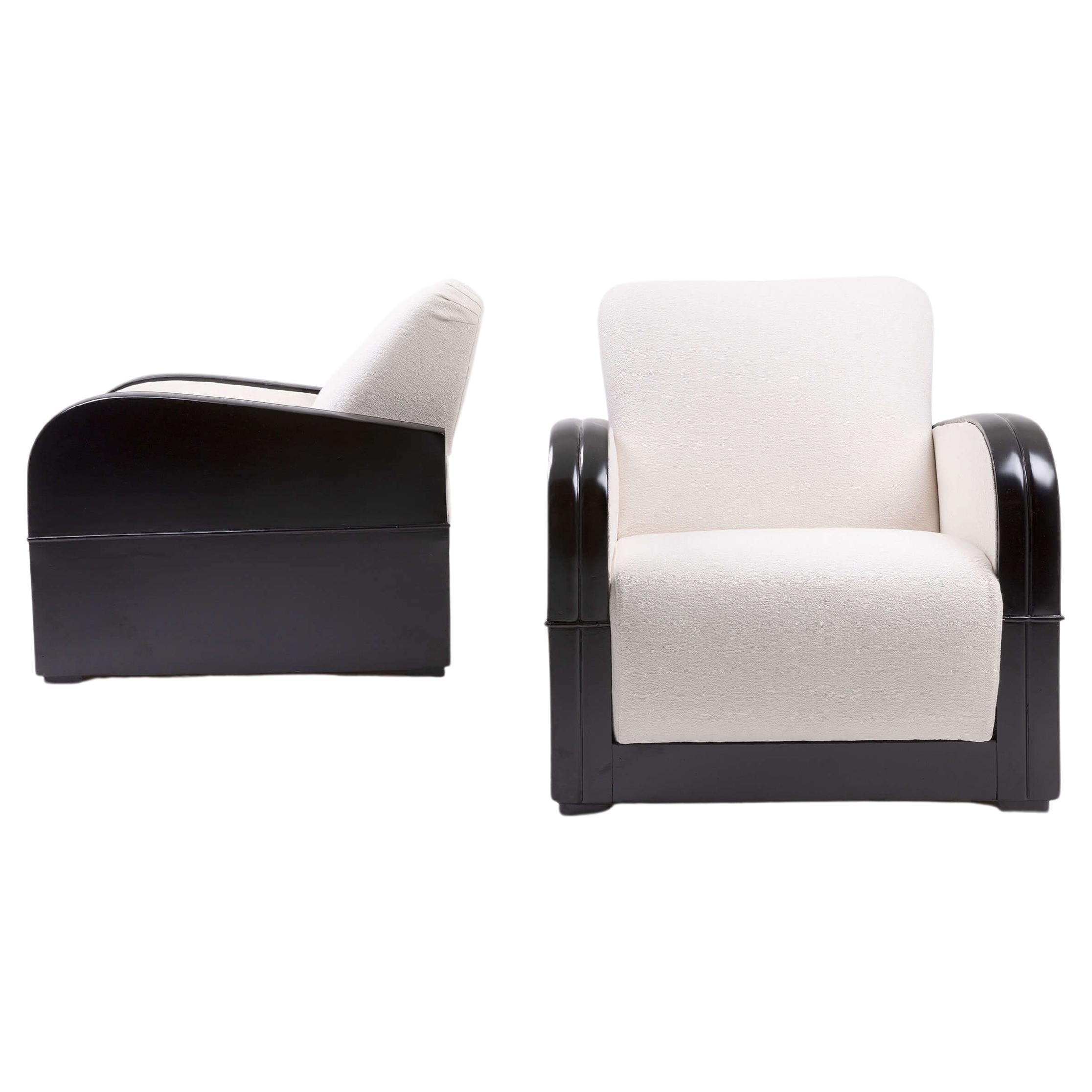 Pair of Italian Art Deco Club Chairs in Black Lacquer and White Bouclé For Sale