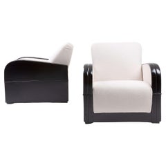 Pair of Italian Art Deco Club Chairs in Black Lacquer and White Bouclé