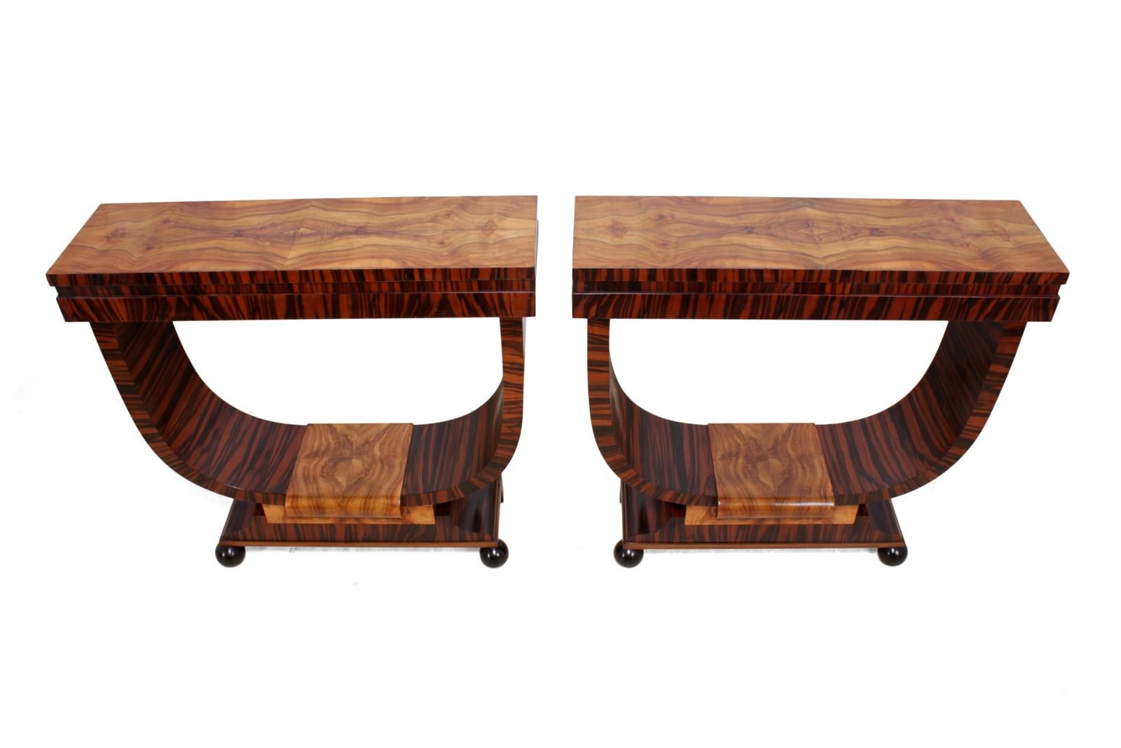 Pair of Italian Art Deco console tables, circa 1930
A pair of 1930s Italian Art Deco console tables these have been made using Macassar ebony and figured walnut, there is a secret drawer in the center of each table, they are in very good condition