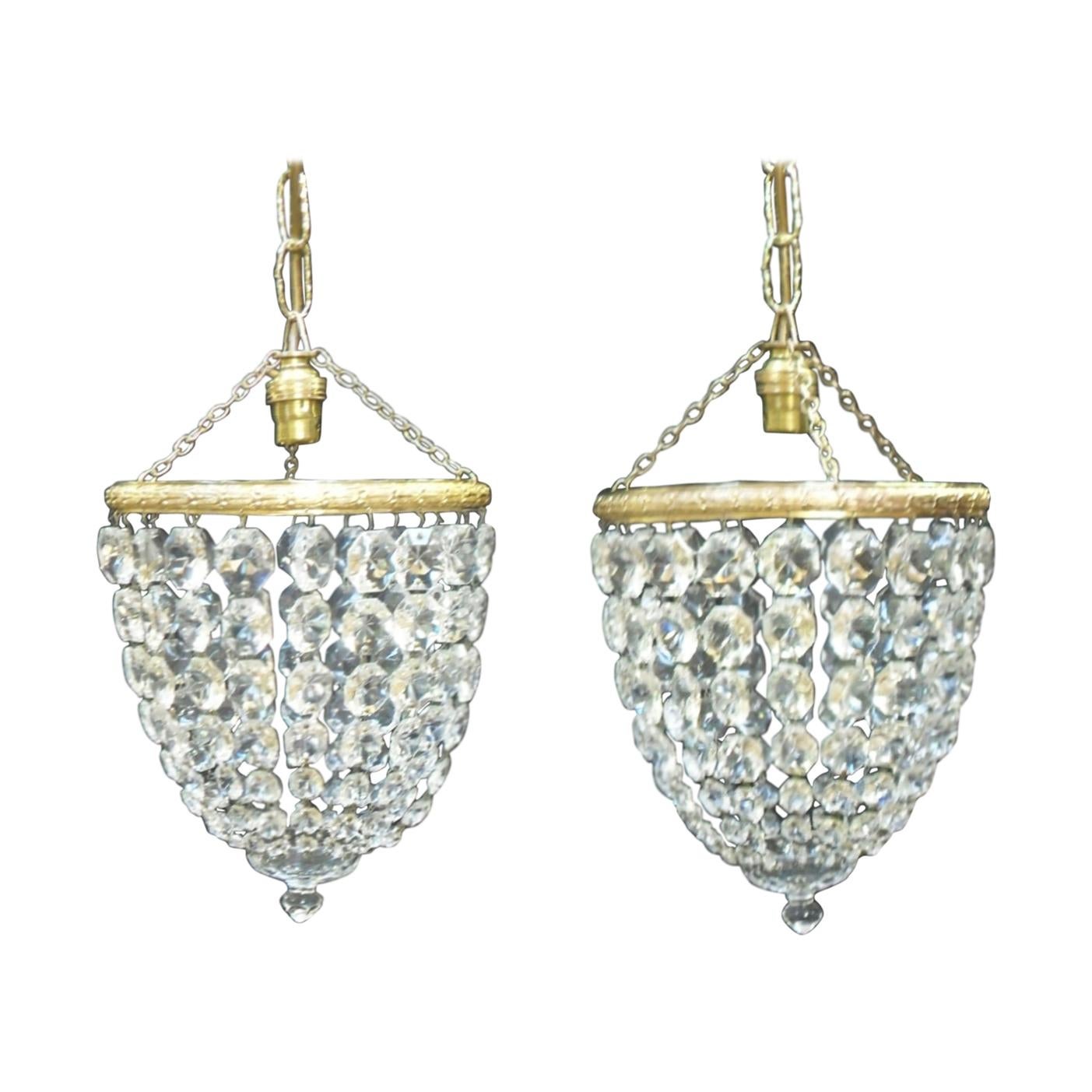 Pair of Italian Art Deco Crystal Glass Basket Chandeliers