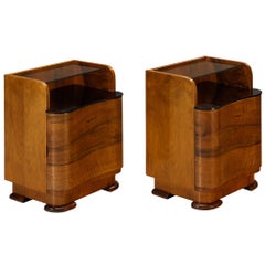 Pair of Italian Art Deco Curved Front Nightstands in Walnut and Glass