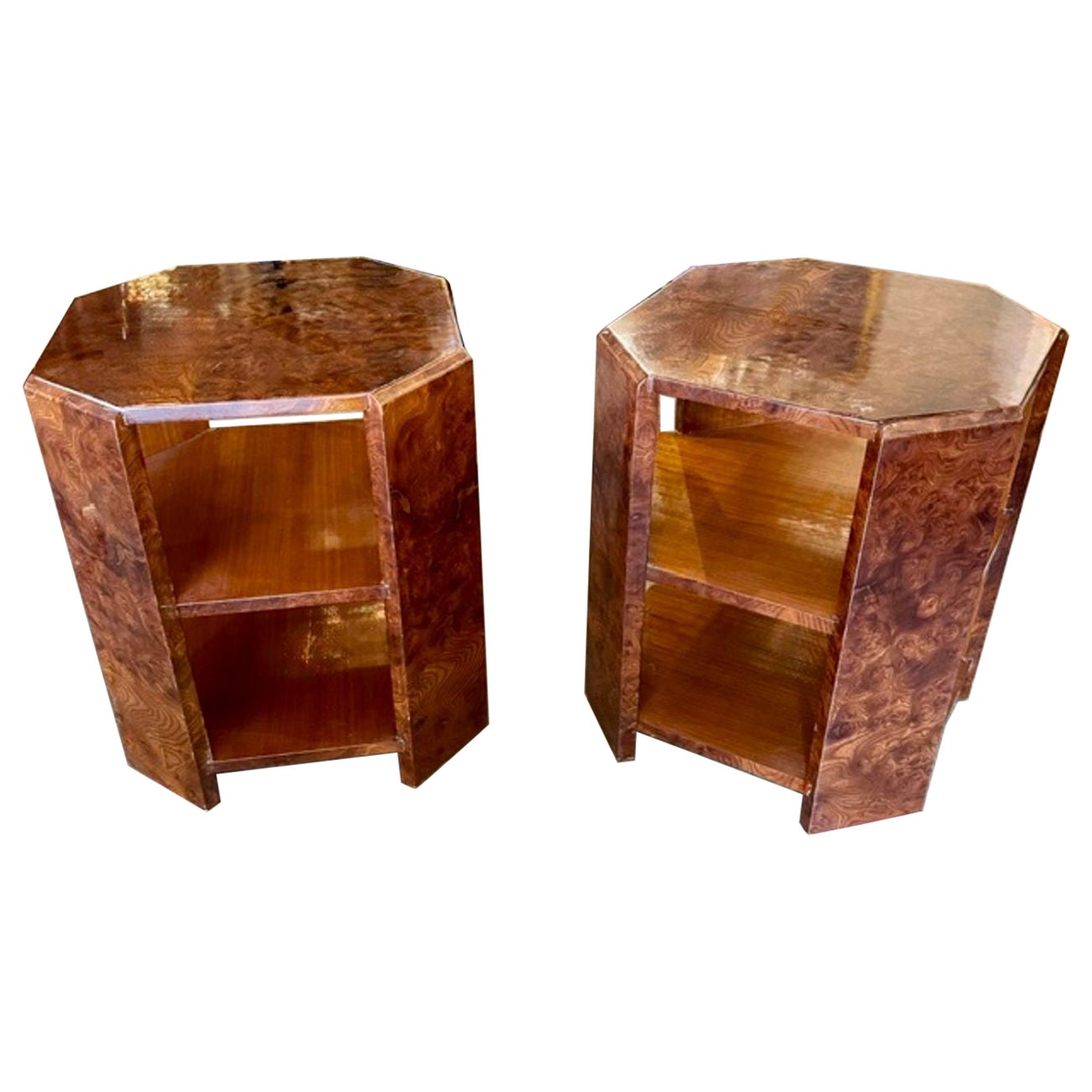 Pair of Italian Art Deco Design Burlwood Side Tables