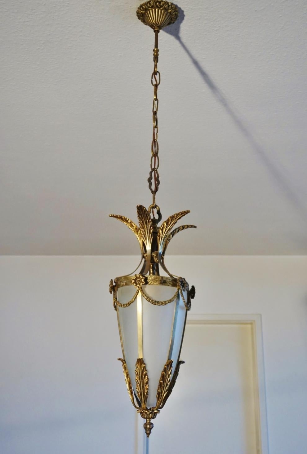 Frosted Pair of Italian Art Deco Gilt Bronze Fronted Glass Lanterns